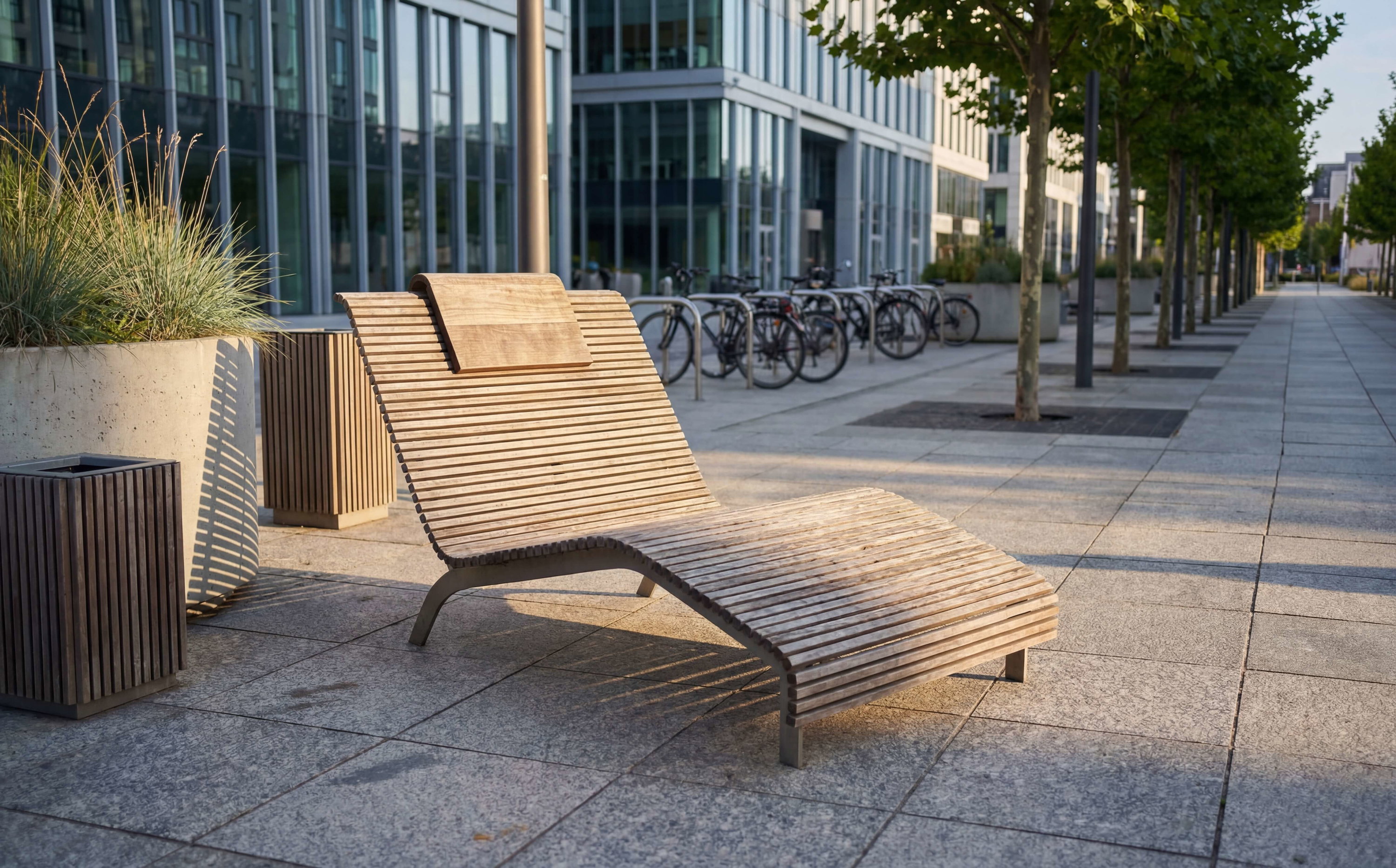 Holzliegestuhl auf gepflastertem Platz vor modernen Bürotürmen und Bäumen im Sonnenlicht.