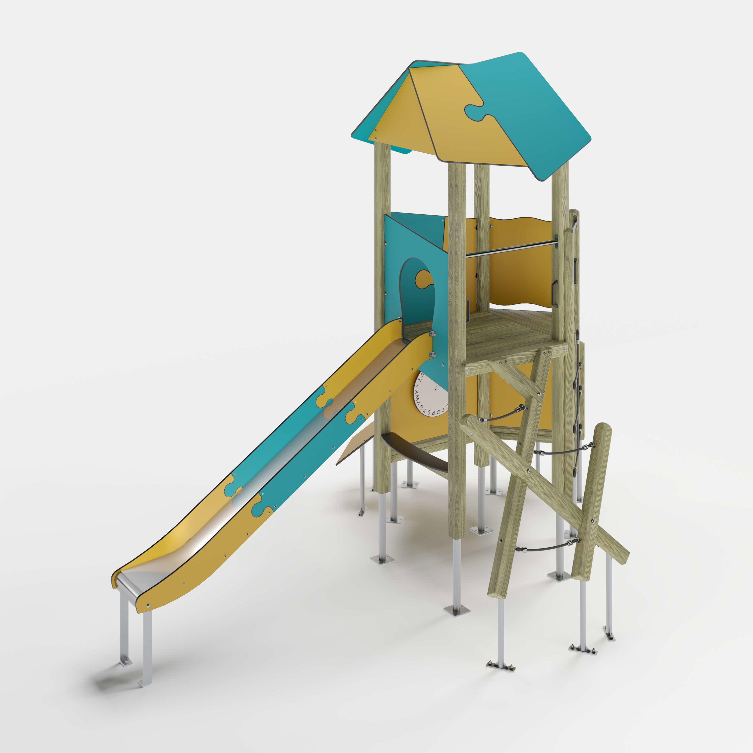 Bunte Kinderspielburg mit Dach und Rutsche auf weißem Hintergrund.