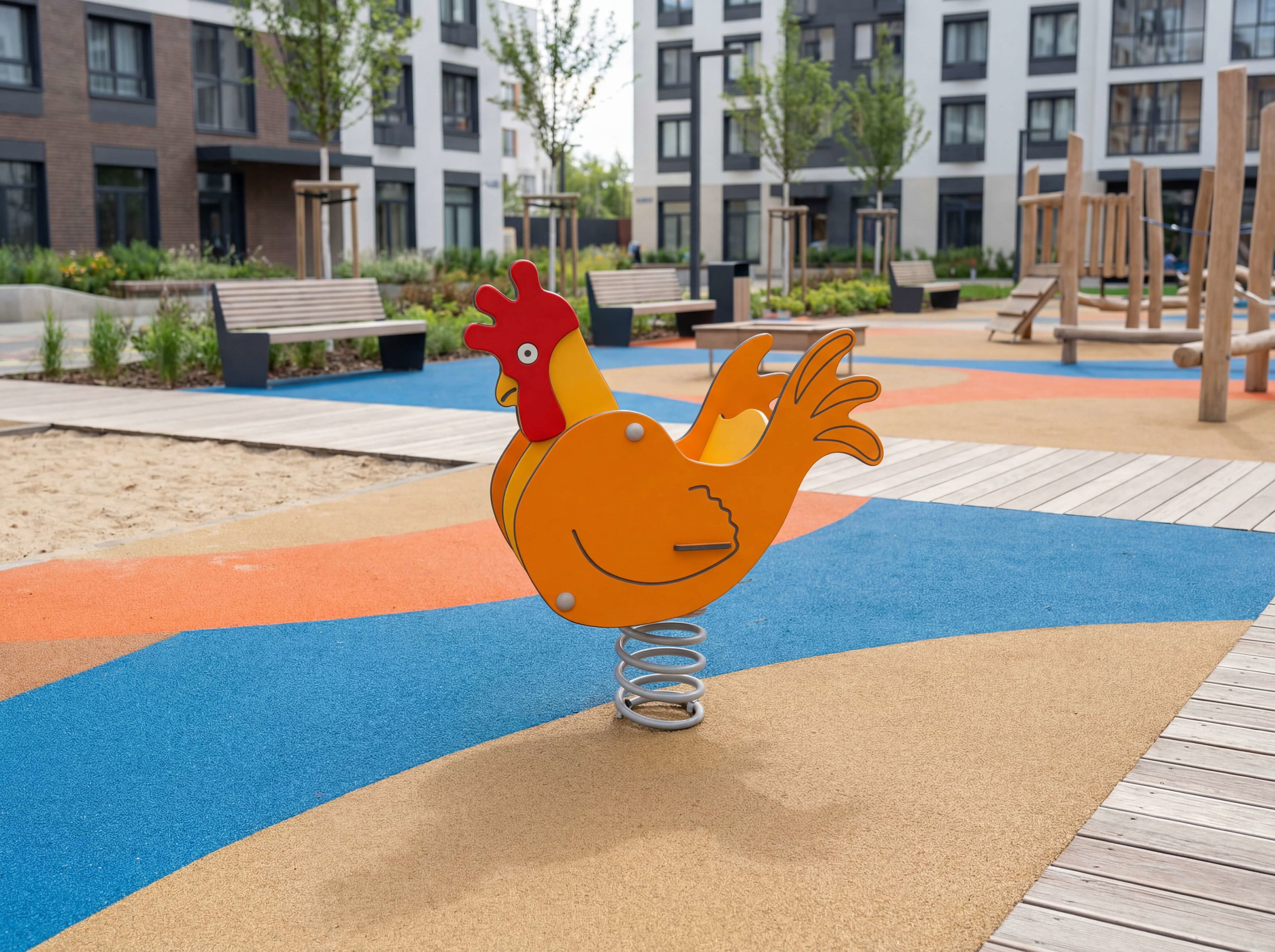 Farbiger Hühner-Springbrunnen im modernen Spielplatz vor Wohnhäusern.