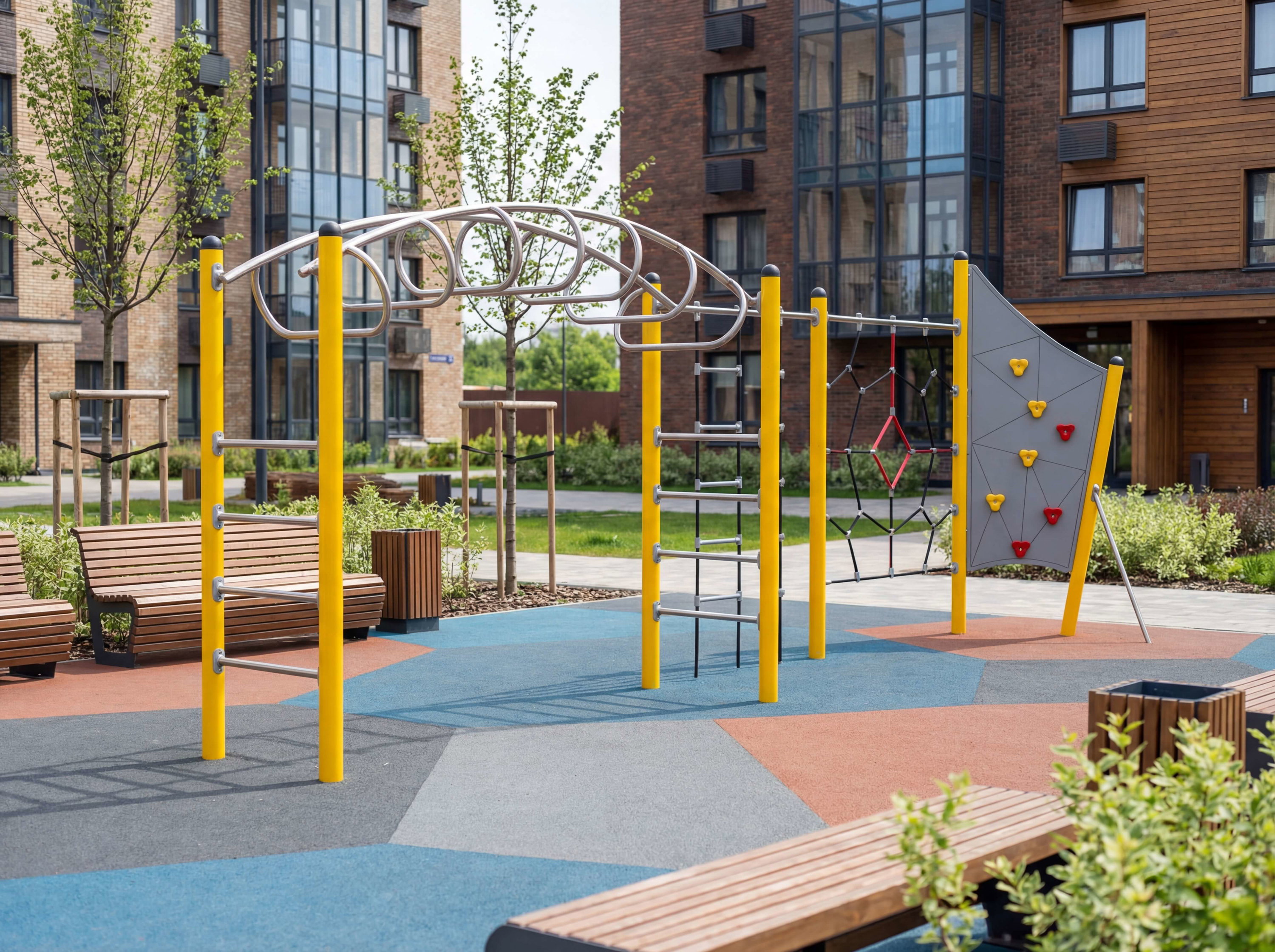 Modern playground with yellow equipment and colorful surfacing near residential buildings.

**German Alt Text (max 125 Zeichen):**

Moderne Spielanlage mit gelben Geräten und buntem Boden vor Wohnhäusern.