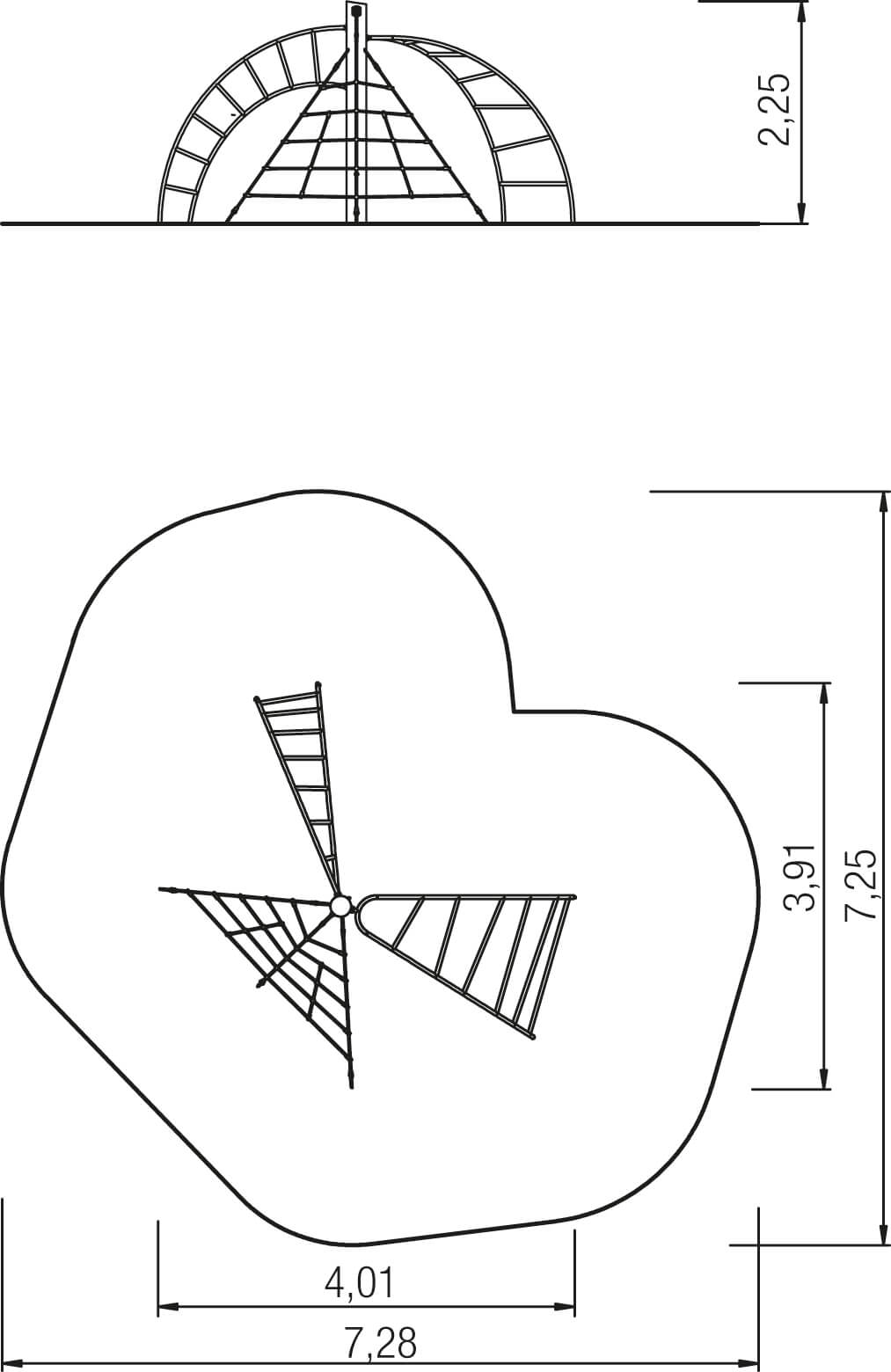 Technische Zeichnung eines Herzförmigen Windrades mit Maßen und Strukturdetails.