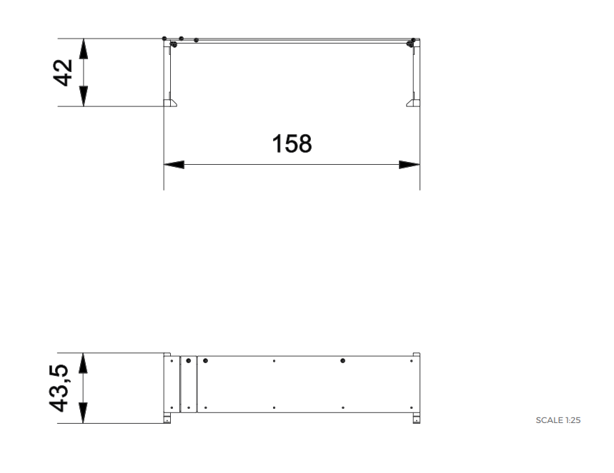 Technische Zeichnung eines rechteckigen Rahmens mit Maßen 158x42 und 158x43,5 im Maßstab 1:25.