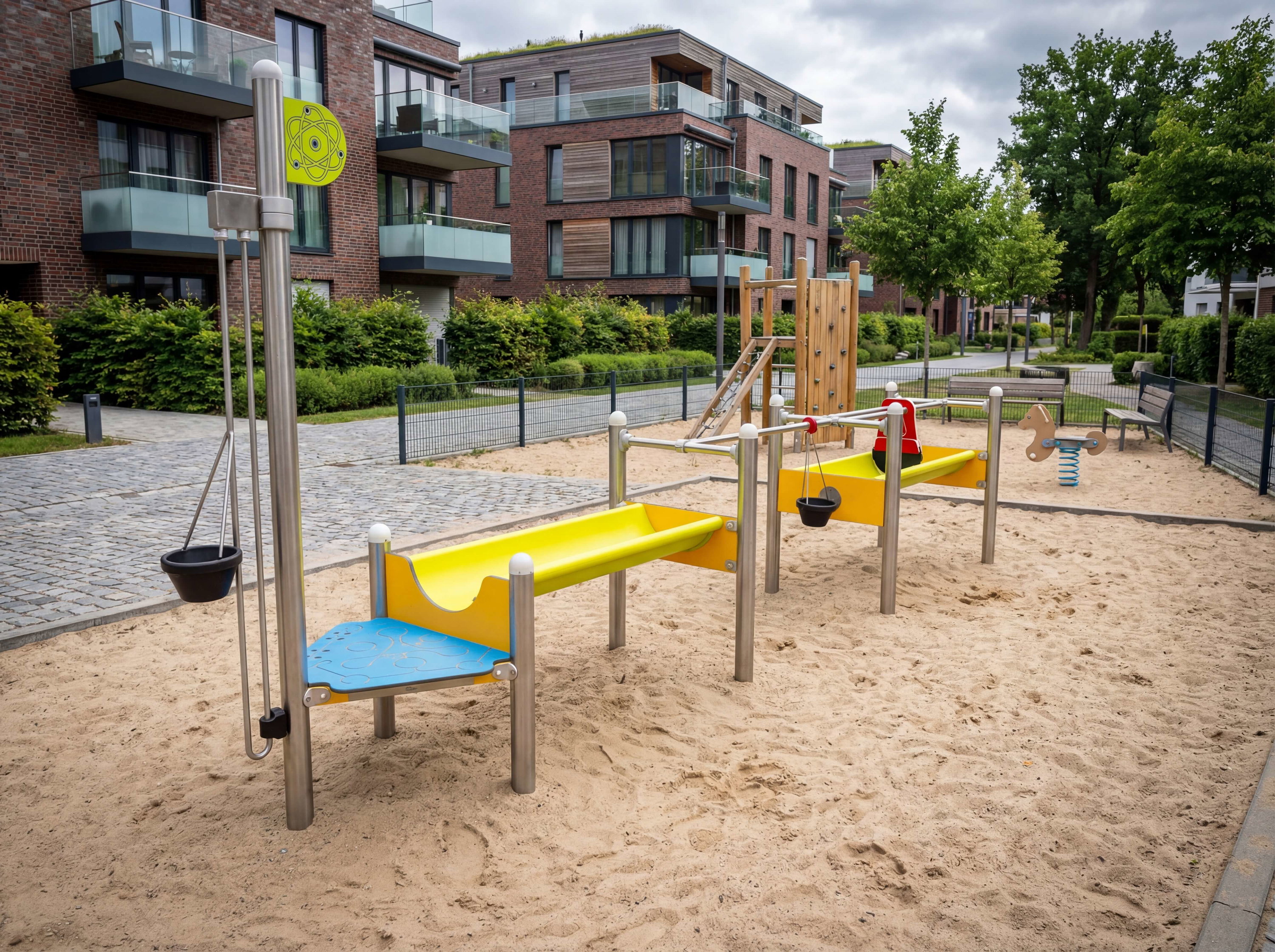 Farbechter Spielplatz im Sand mit modernen Häusern und Bäumen im Hintergrund.