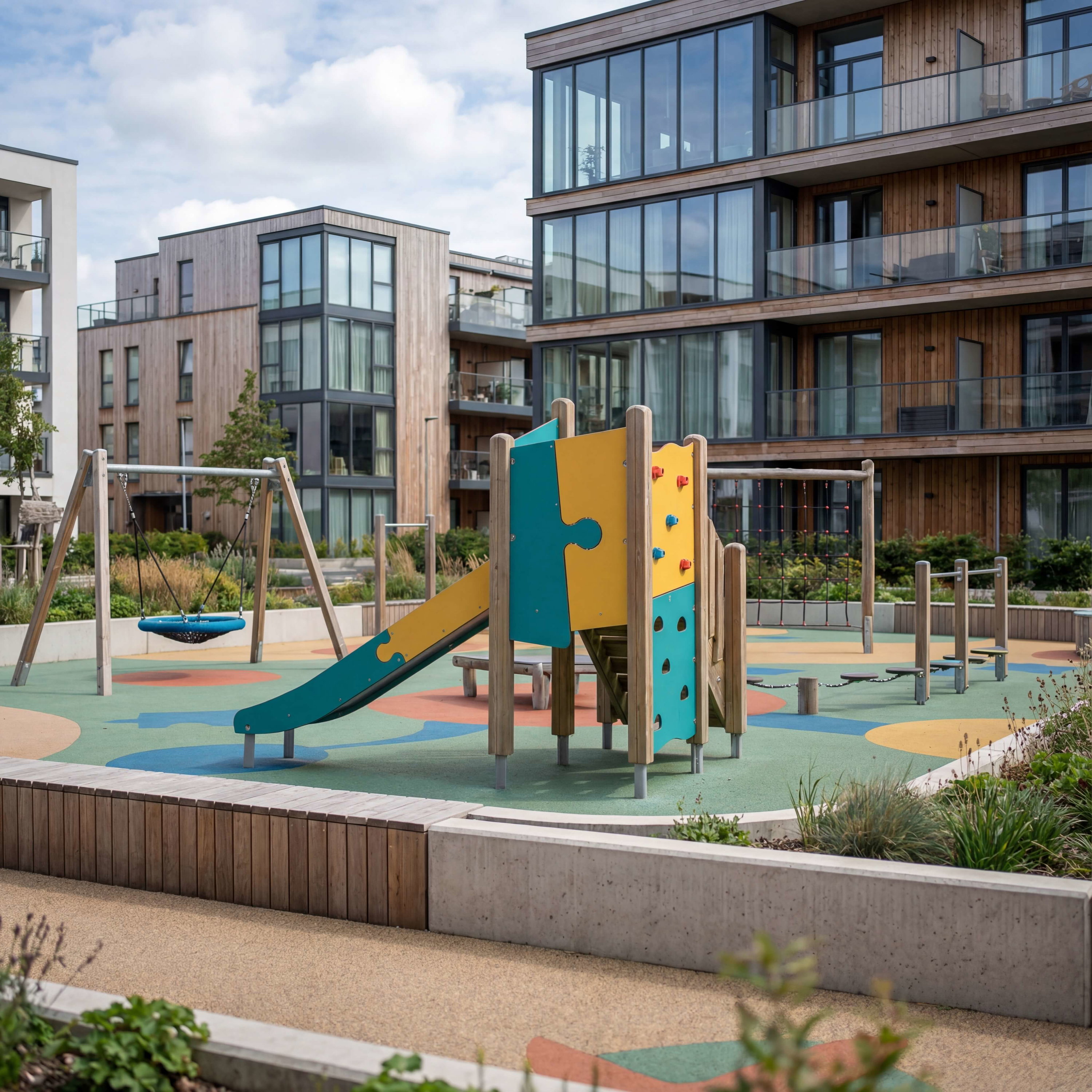 Farbe Spielplatz vor modernen Holz- und Glaswohngebäuden unter blauem Himmel mit Wolken.

**German Alt Text (max 125 characters):**

Spielplatz mit Rutsche und Schaukel vor modernen Wohnhäusern – farbenfroh und kinderfreundlich.