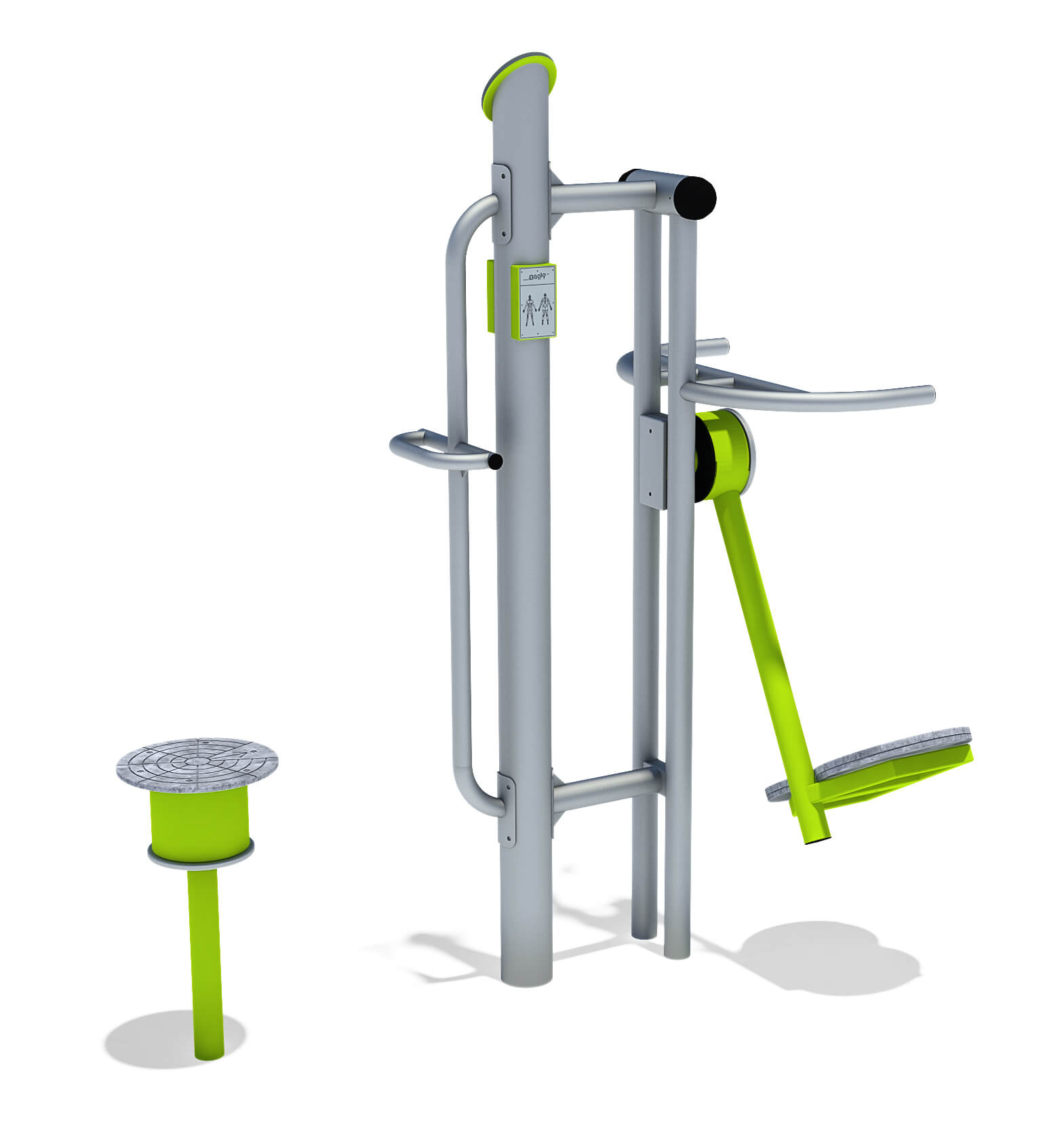 Outdoor fitness station with lime green accents and instruction plaque.