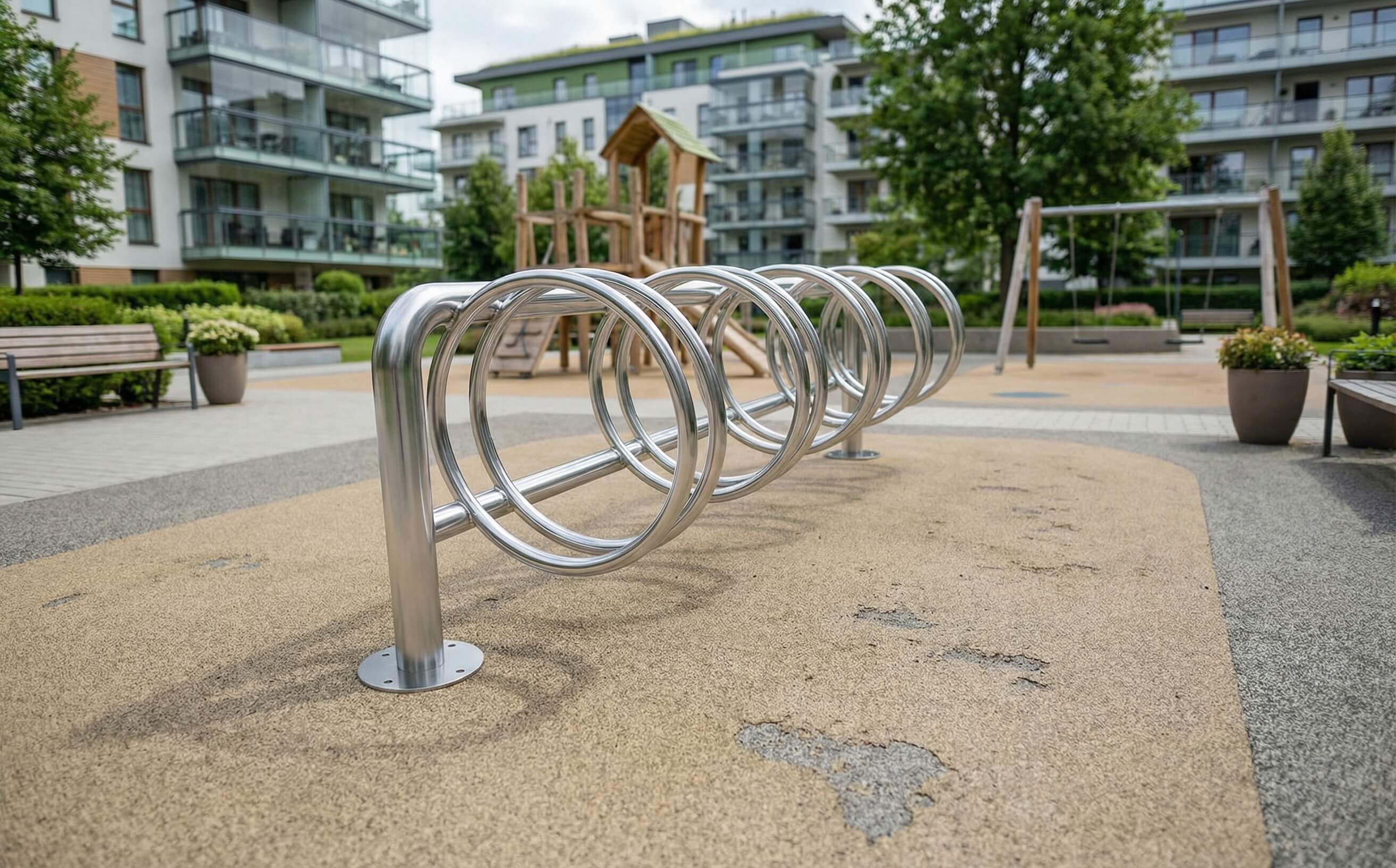 Stahlschlaufen für Fahrräder im Spielplatz vor Wohnhäusern – modern und funktional gestaltet.