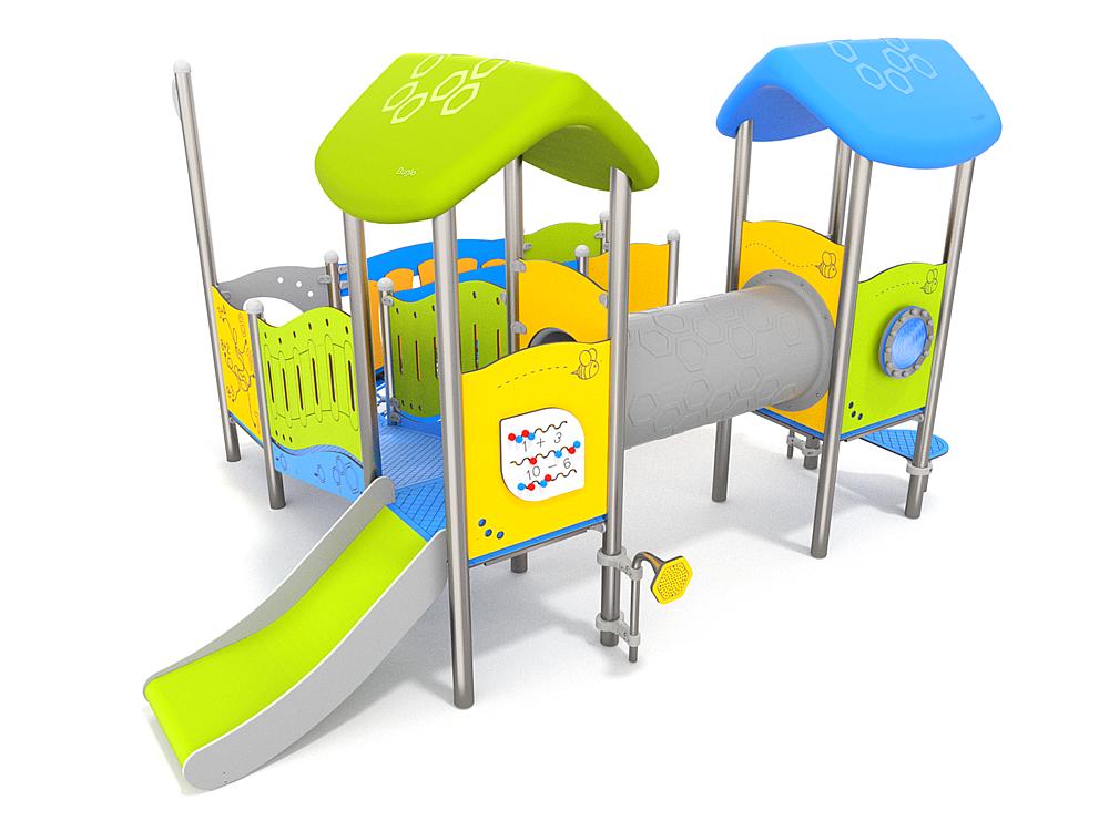 Schwinger für Kleinkinder mit Metallgestell und grünen Verbindungen auf weißem Hintergrund.