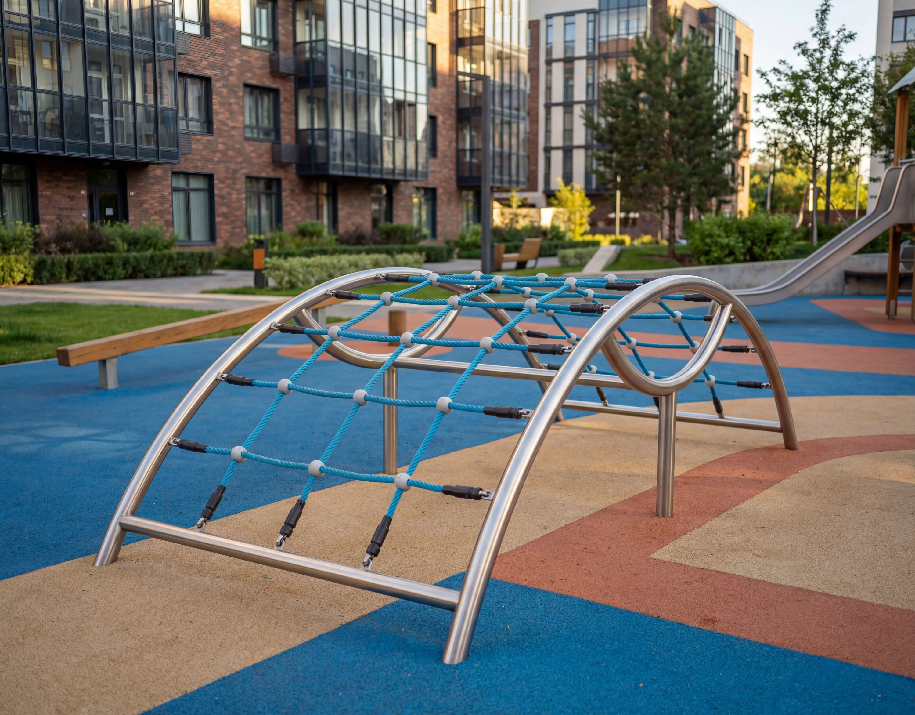 Modern playground climbing structure with blue ropes on colorful surface near residential buildings.