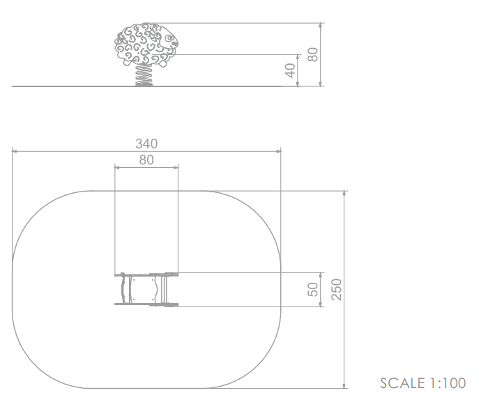 Architekturzeichnung eines runden Gebäudes mit Baum-Design und Maßangaben im Maßstab 1:100.