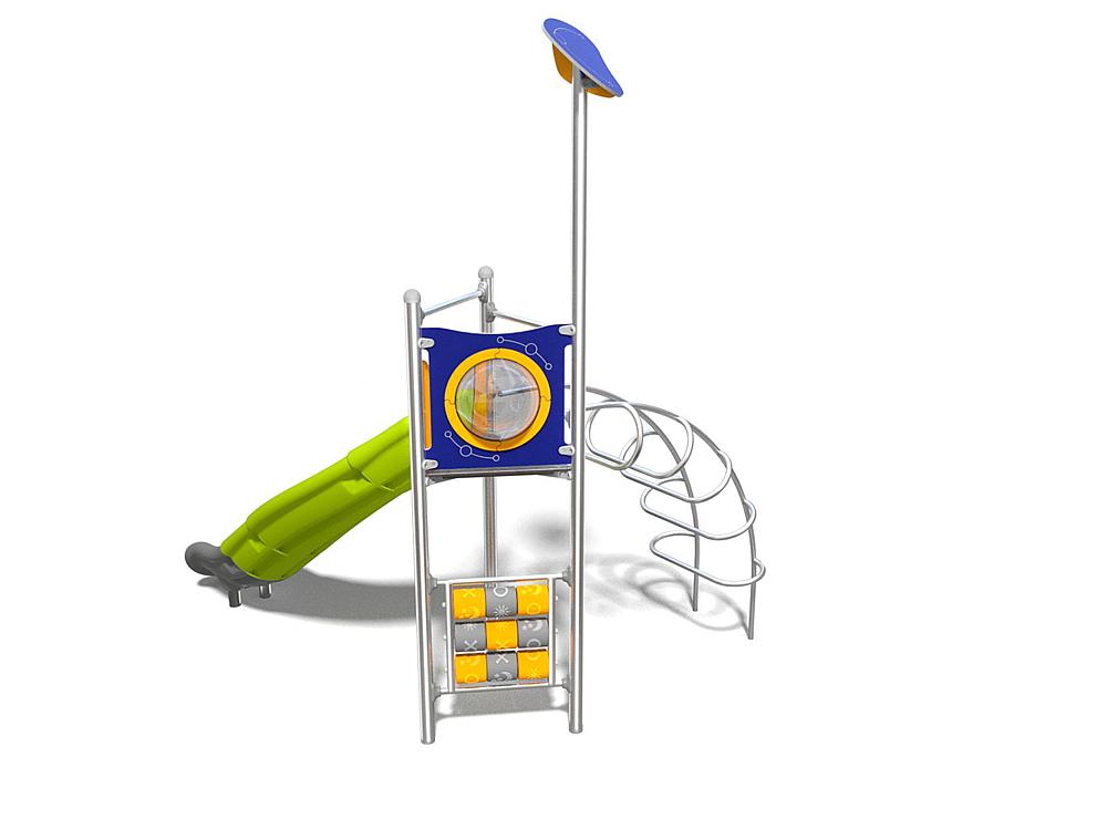 Schwinger für Kleinkinder mit Metallgestell und grünen Verbindungen auf weißem Hintergrund.