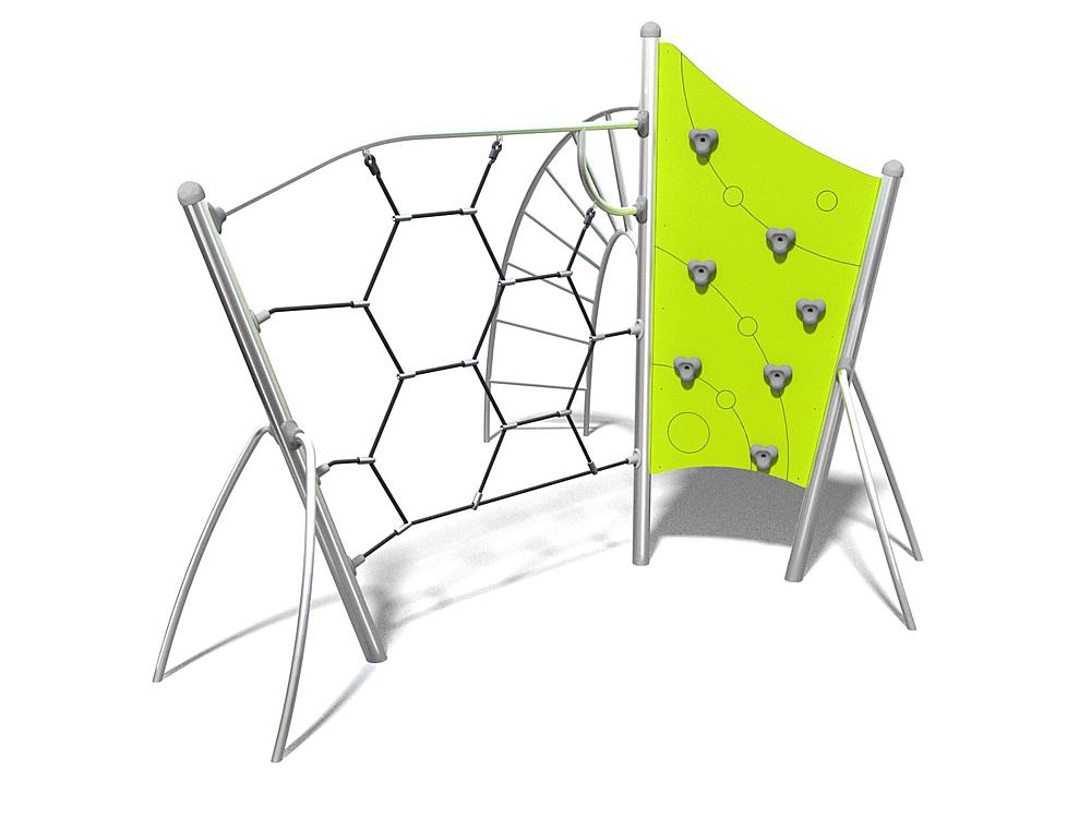 Schwinger für Kleinkinder mit Metallgestell und grünen Verbindungen auf weißem Hintergrund.