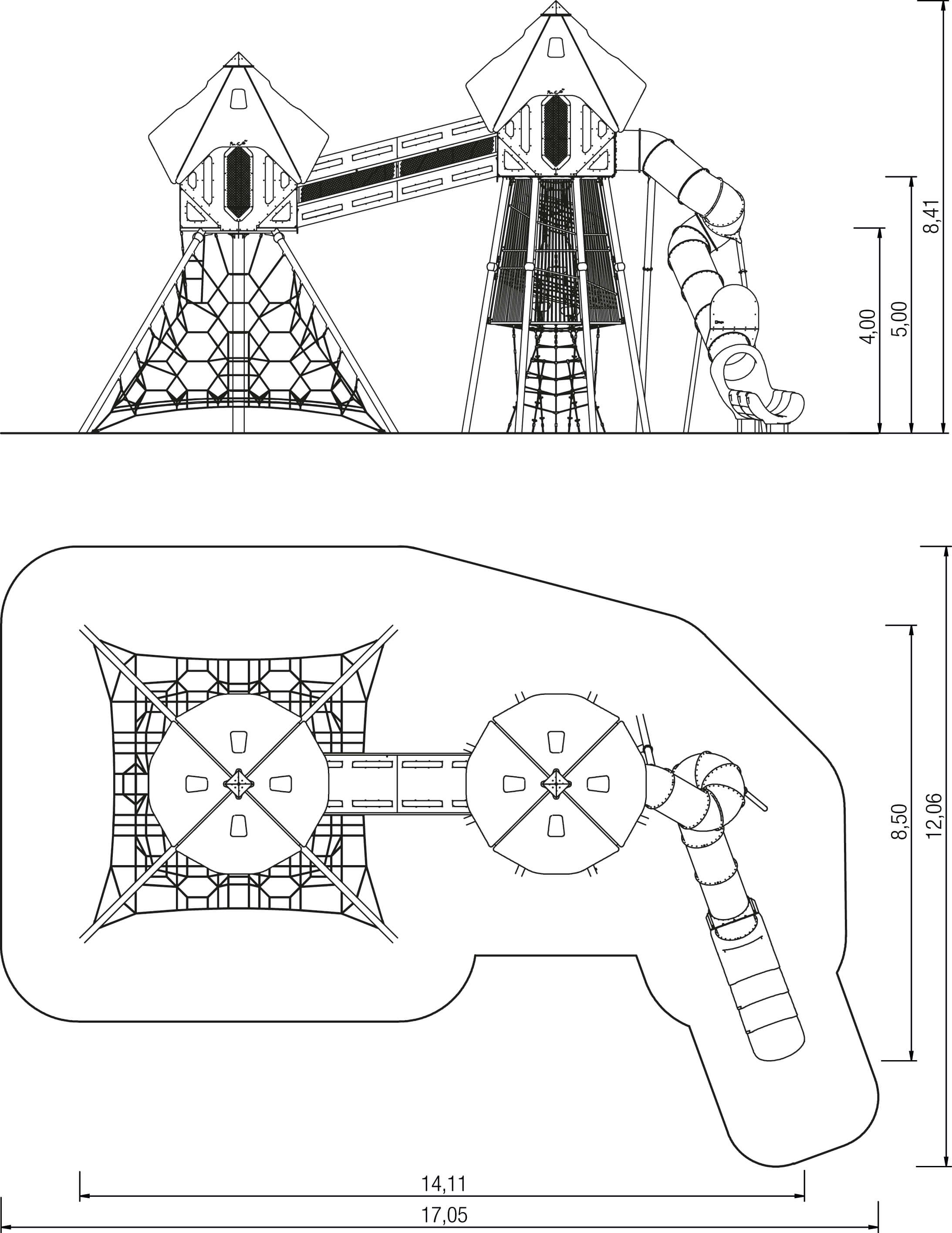 Technisches Zeichnung eines Spielplatzes mit Rutschen und Klettergerüsten – Planansicht und Seitenansicht.