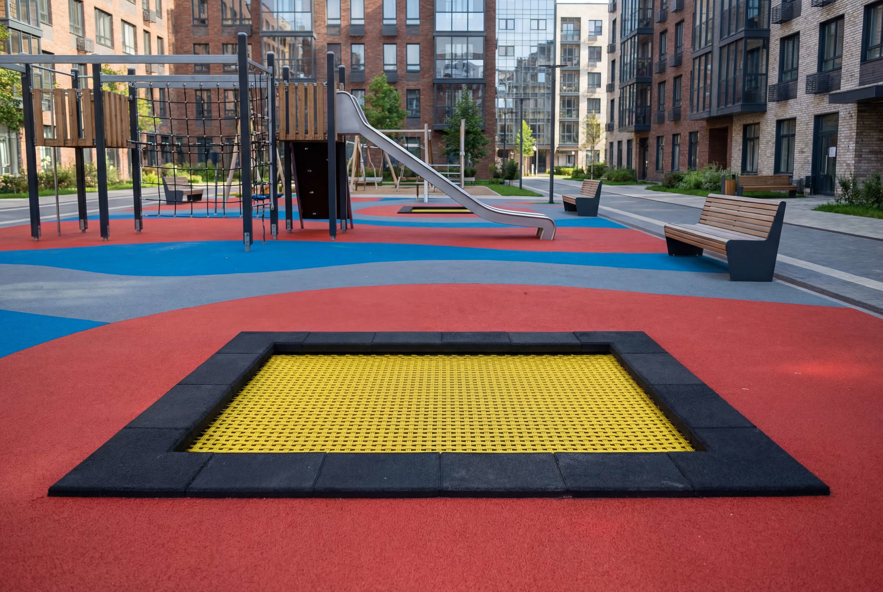 Farbechter Spielplatz mit Rutsche und Trampolin vor modernen Wohnhäusern.