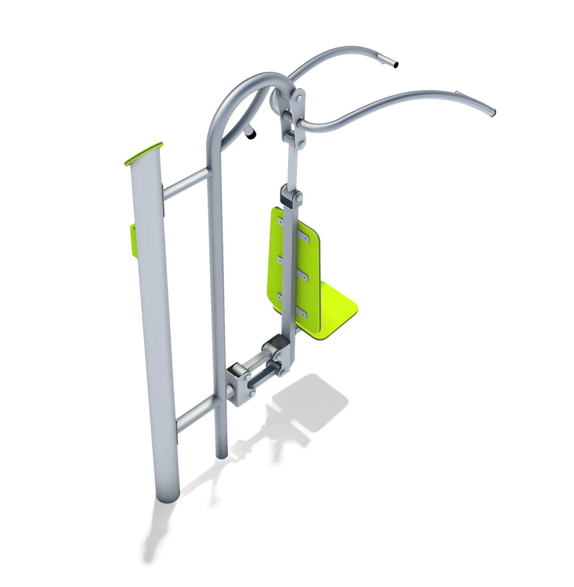 Gymnastikgerät für Outdoor-Training mit grünen Sitzplatten und Metallrahmen auf weißem Hintergrund.