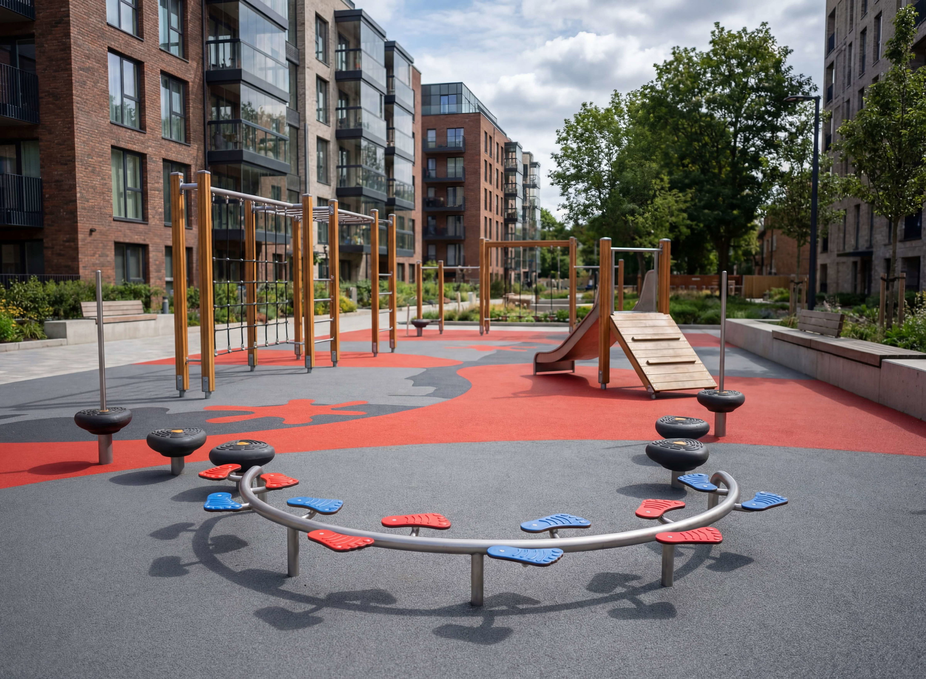 Modern playground with colorful equipment between residential buildings under partly cloudy sky.
