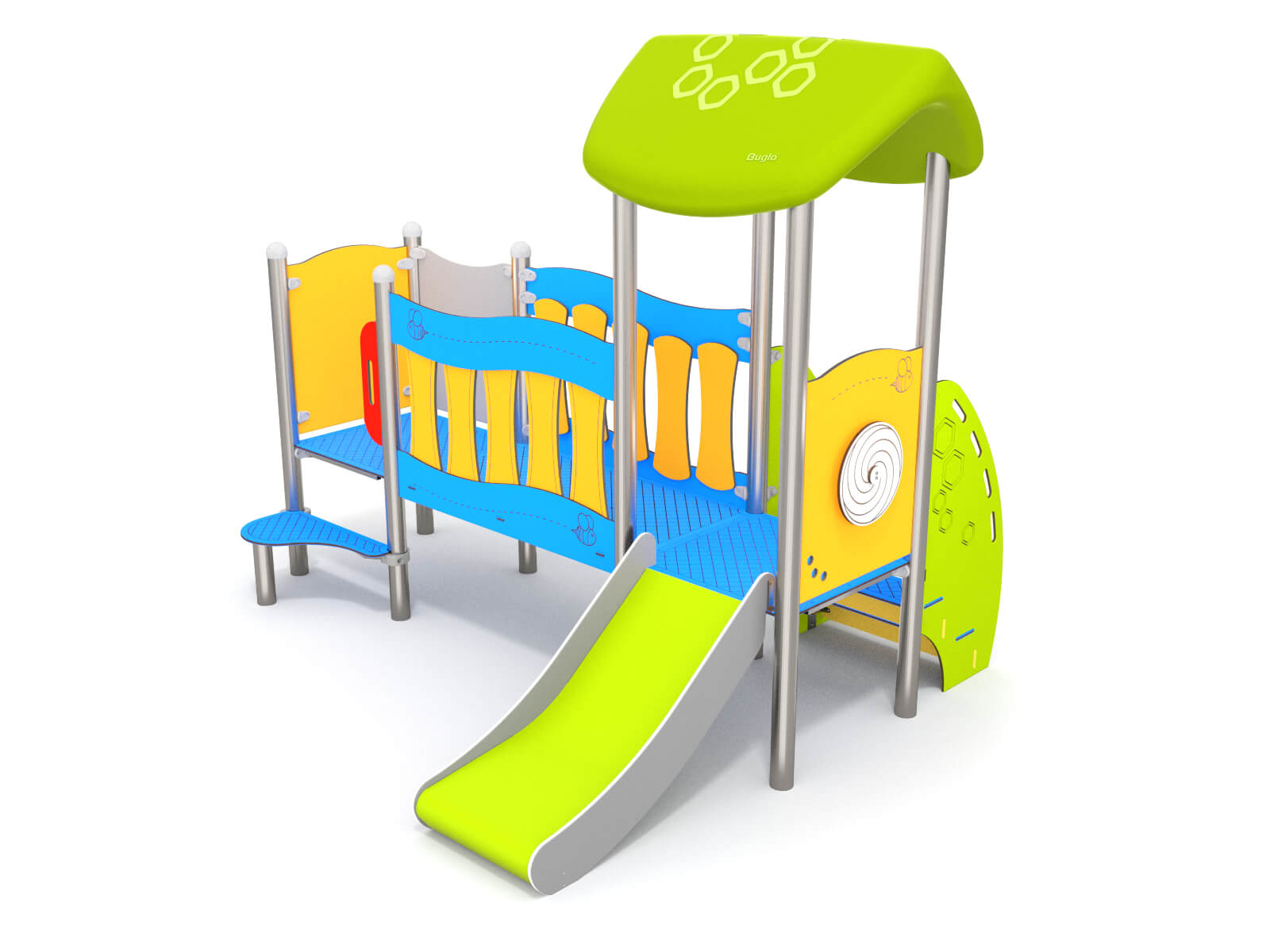 Schwinger für Kleinkinder mit Metallgestell und grünen Verbindungen auf weißem Hintergrund.