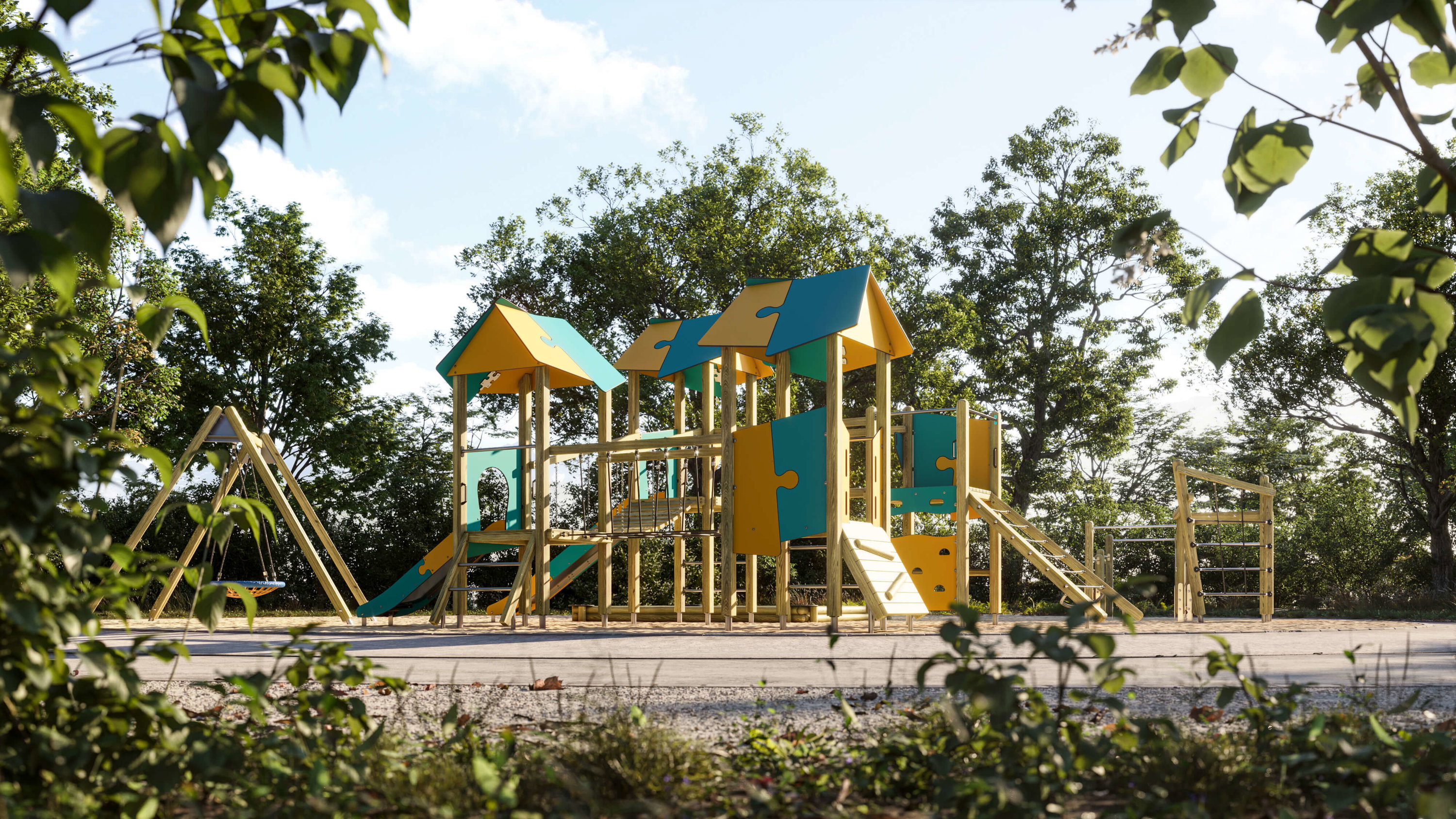 Bunte Spielplatzanlage mit Rutschen und Klettergerüst im grünen Park unter blauem Himmel.