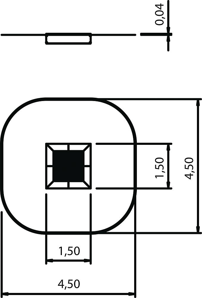 Technische Zeichnung eines quadratischen Bauteils mit abgerundeten Ecken und Maßen 4,50x4,50 cm.
