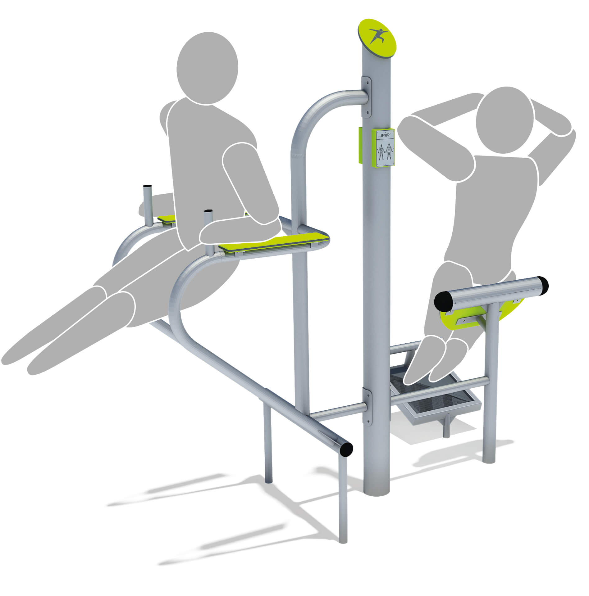 Fitnessgerät für Rücken- und Bauchübungen im Freien – zwei Benutzer zeigen die Funktionen.