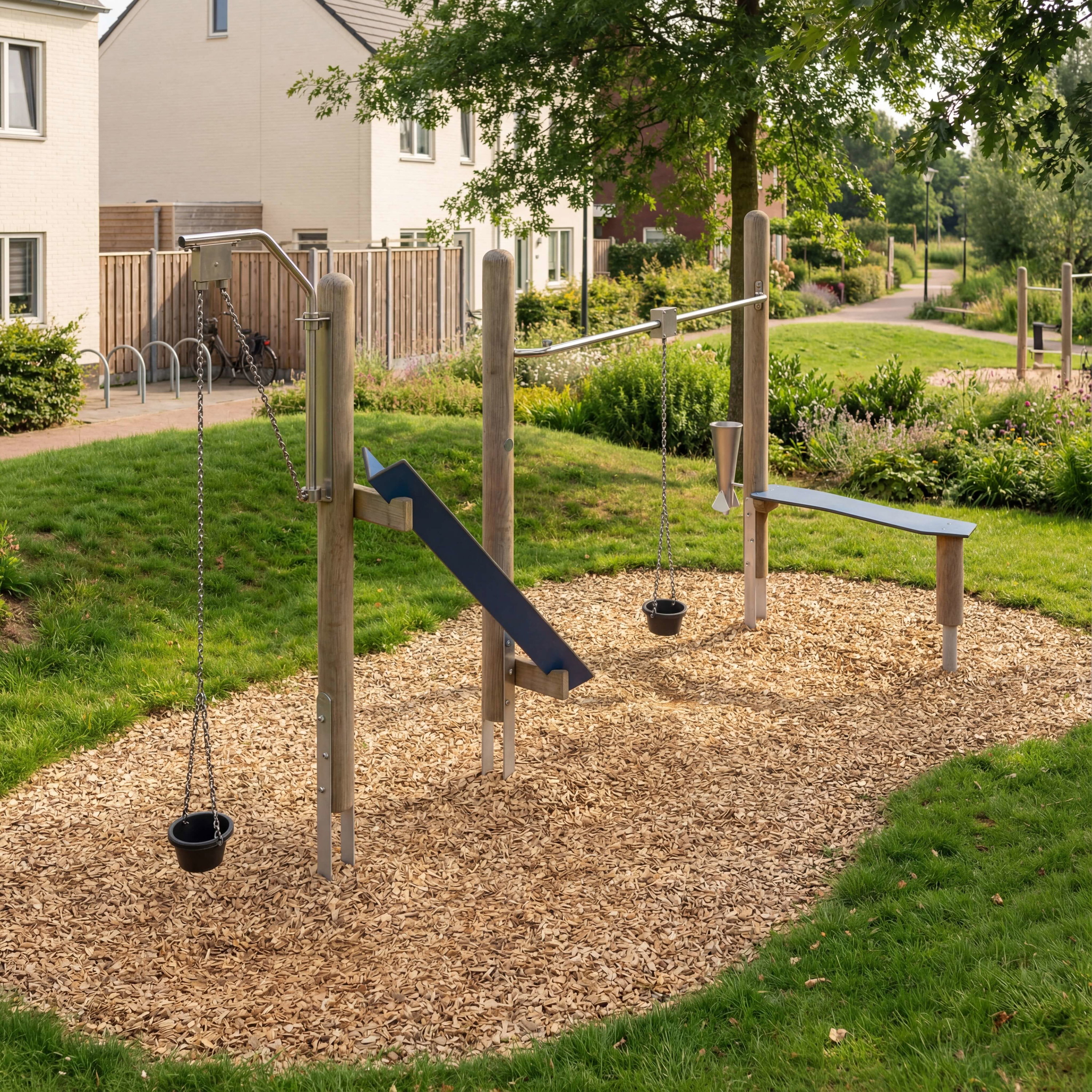 Kinderspielplatz mit Rutsche und Hängesitzen im Grasbereich einer Wohnanlage.
