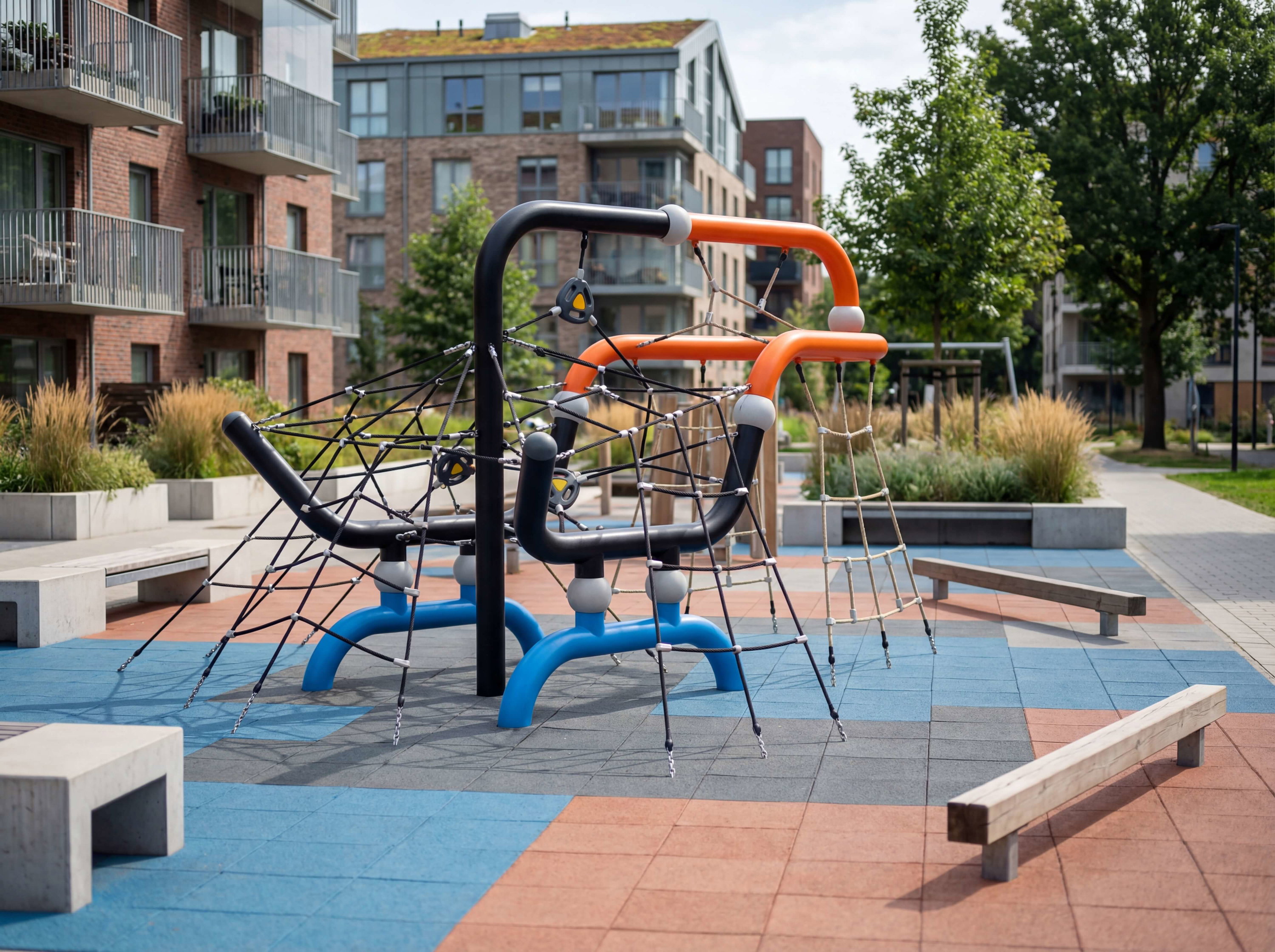 Modern playground with climbing nets und benches in urban residential area.