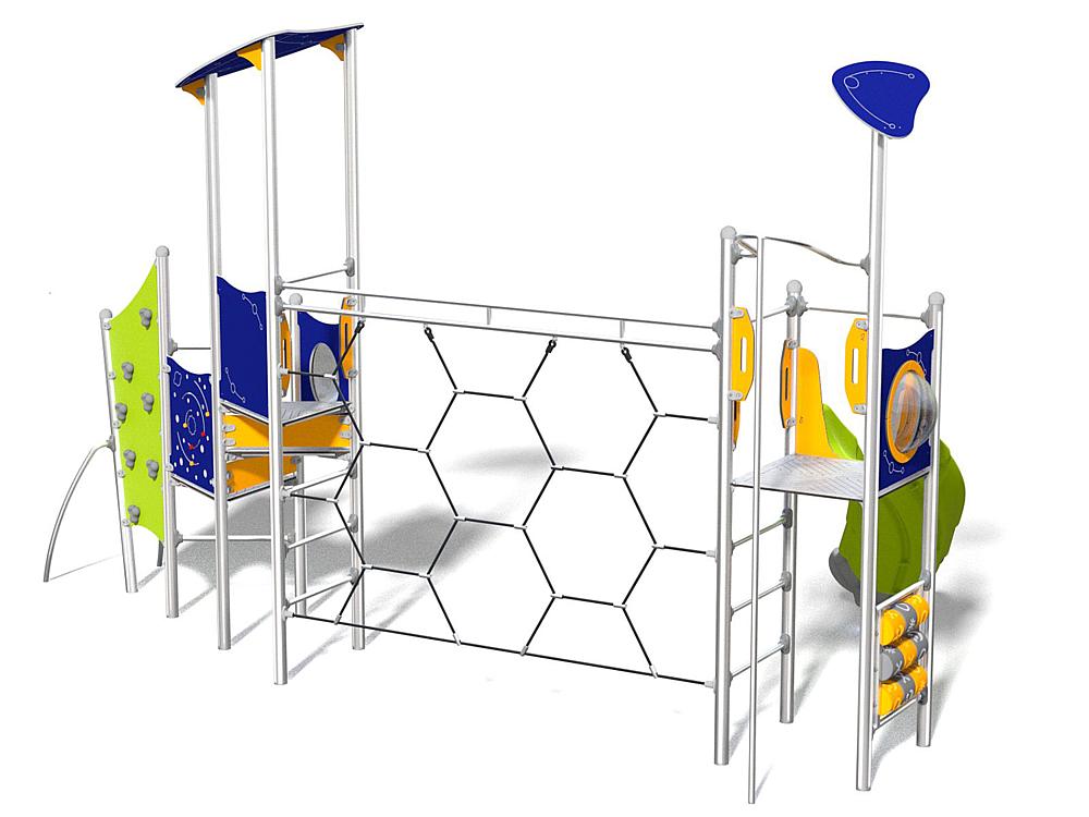 Schwinger für Kleinkinder mit Metallgestell und grünen Verbindungen auf weißem Hintergrund.