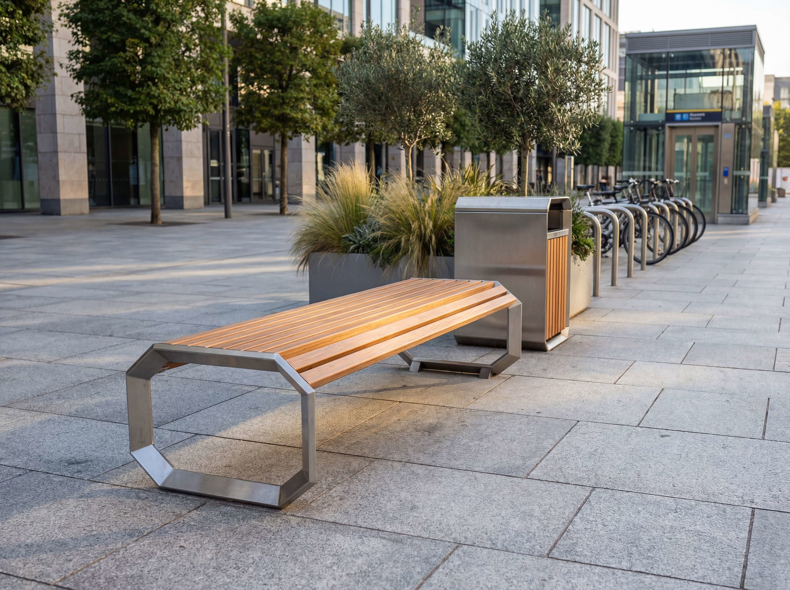 Moderne Bank mit Holz sitzelement und Metallgestell auf gepflastertem Platz vor Bürogebäuden.

Modern wooden bench with metal frame on paved plaza before office buildings.