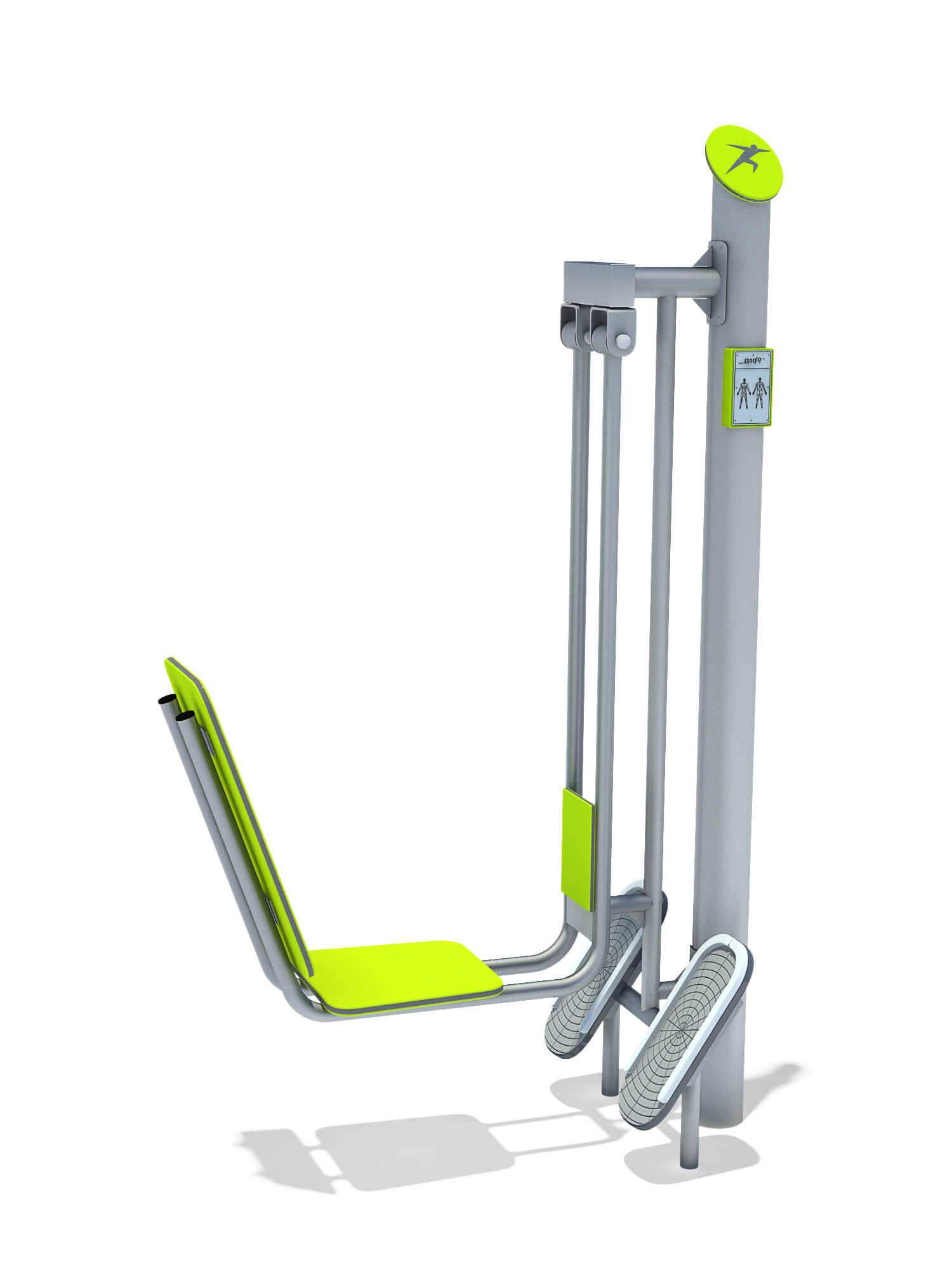 Outdoor fitness station with lime green seat and pedals for leg workouts.