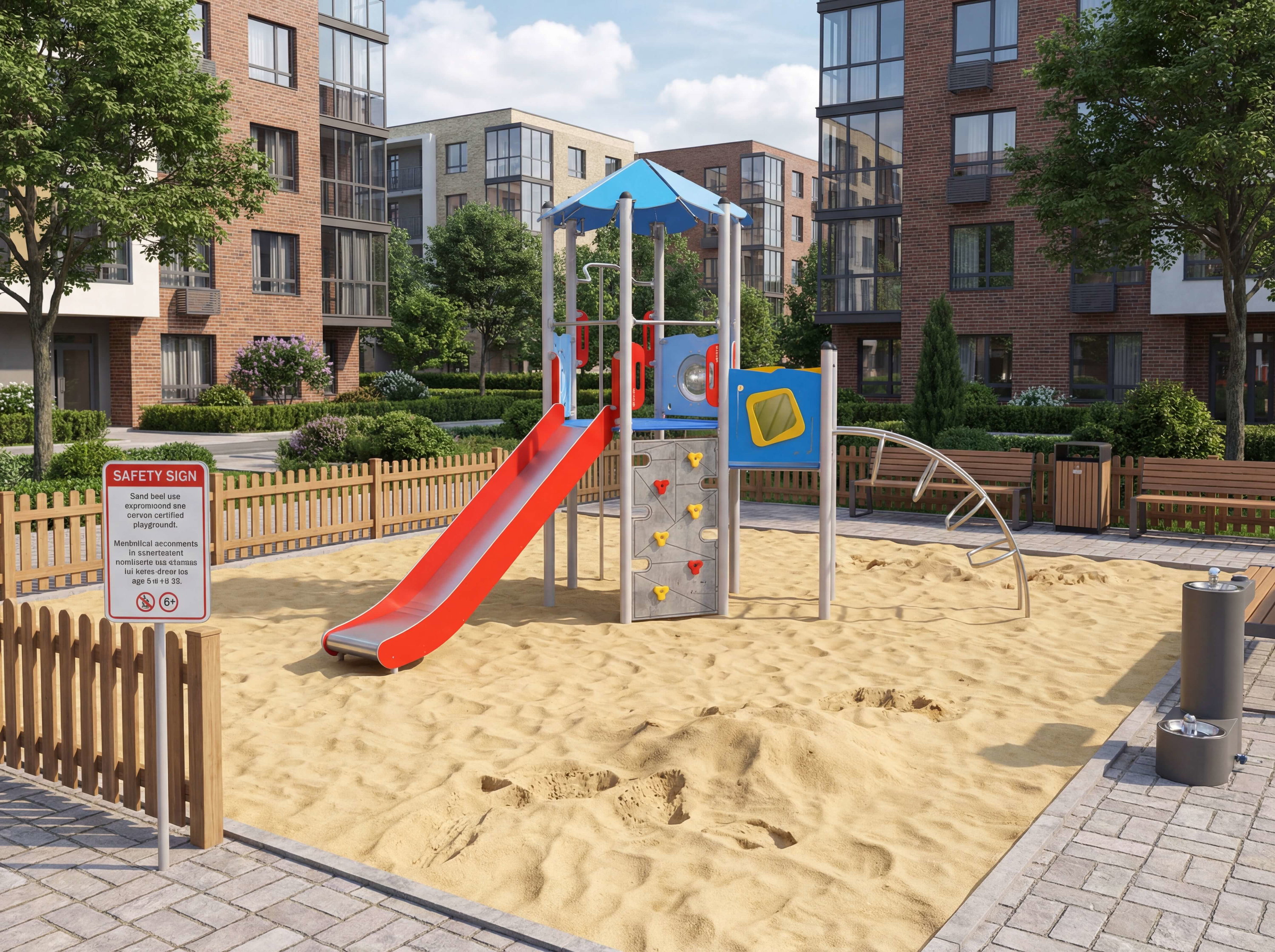 Kinder-Spielplatz mit Rutsche und Sandkasten im Wohnviertel unter blauem Himmel.
