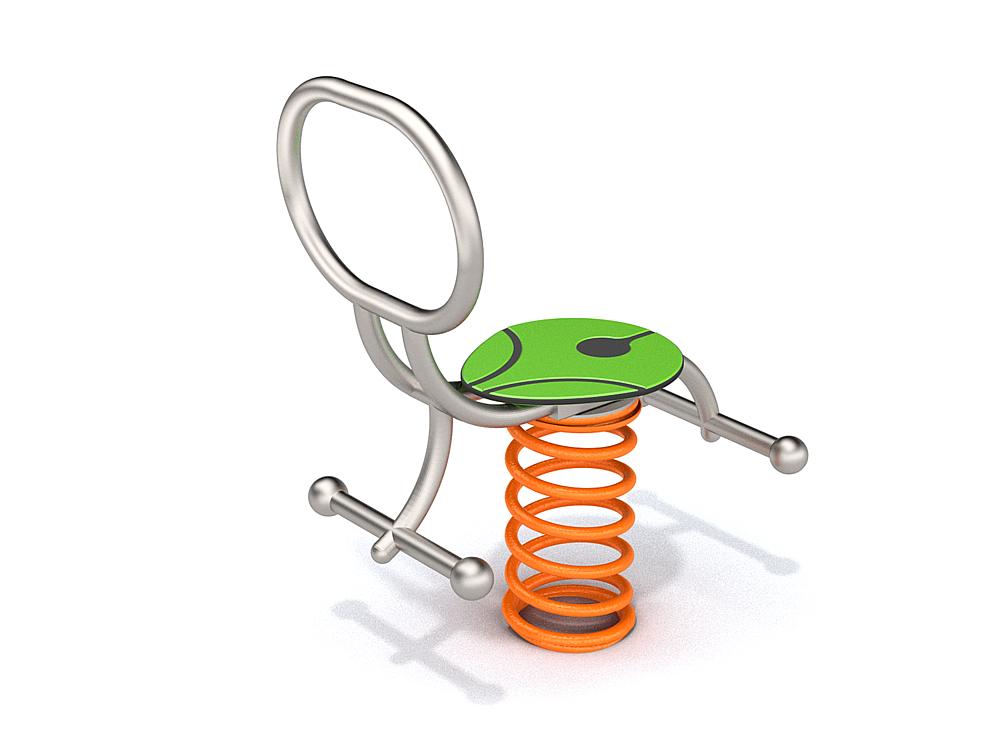 Schwinger für Kleinkinder mit Metallgestell und grünen Verbindungen auf weißem Hintergrund.