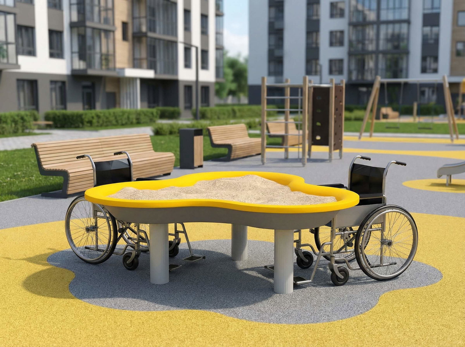 Inklusiver Sandkasten im Park mit Rollstühlen – barrierefreier Spielplatz für alle Kinder.