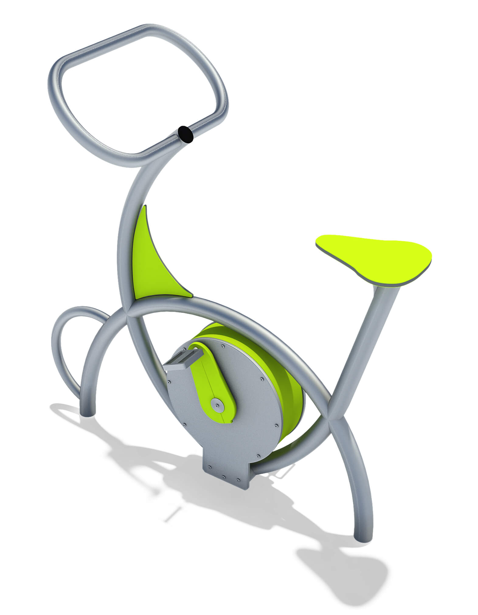 Modern exercise bike with lime green accents and silver frame, designed for outdoor fitness use.