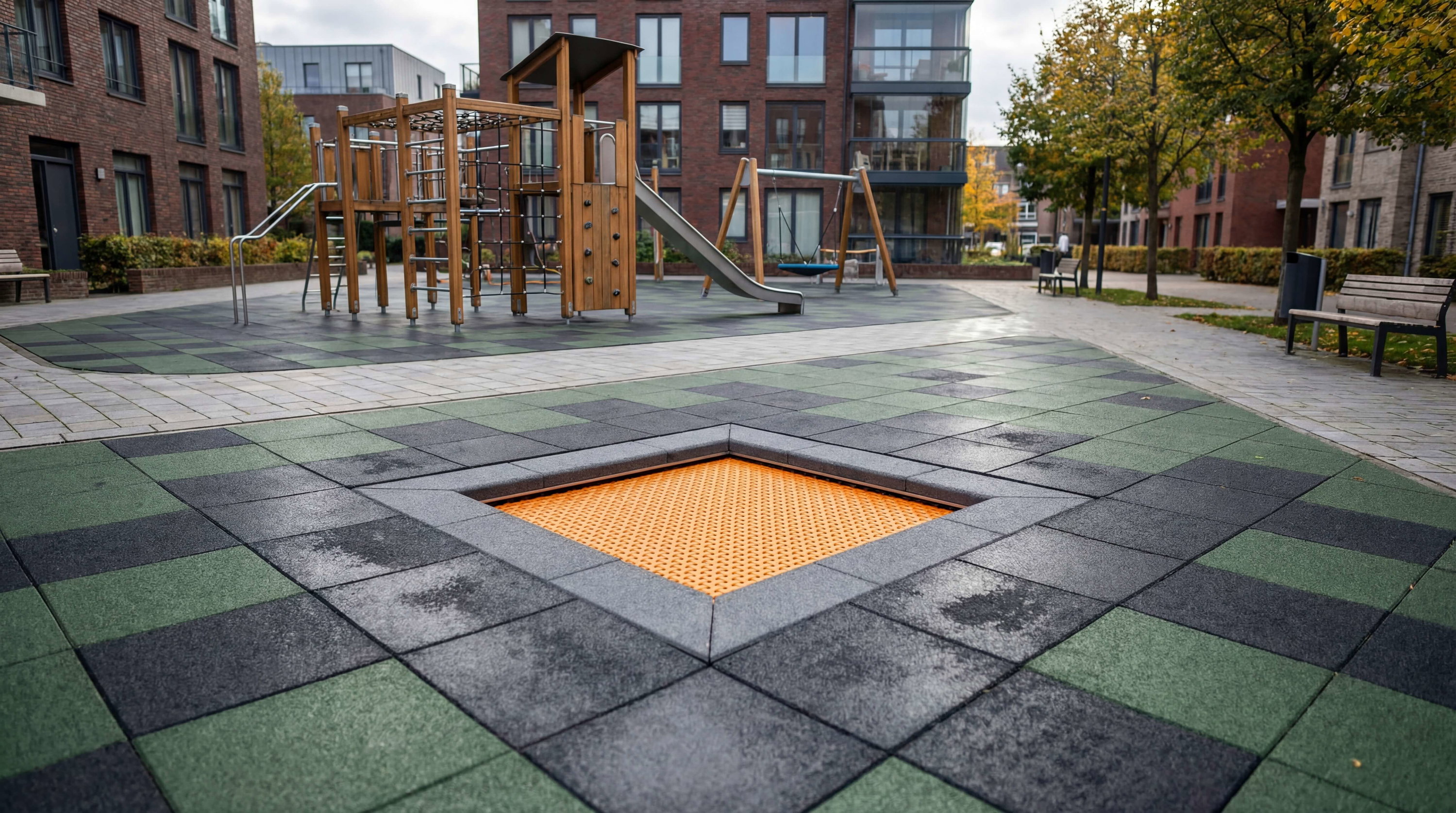 Modern Spielplatz mit Holzgerüst und Rutschbahn vor Wohnhäusern im Herbst.