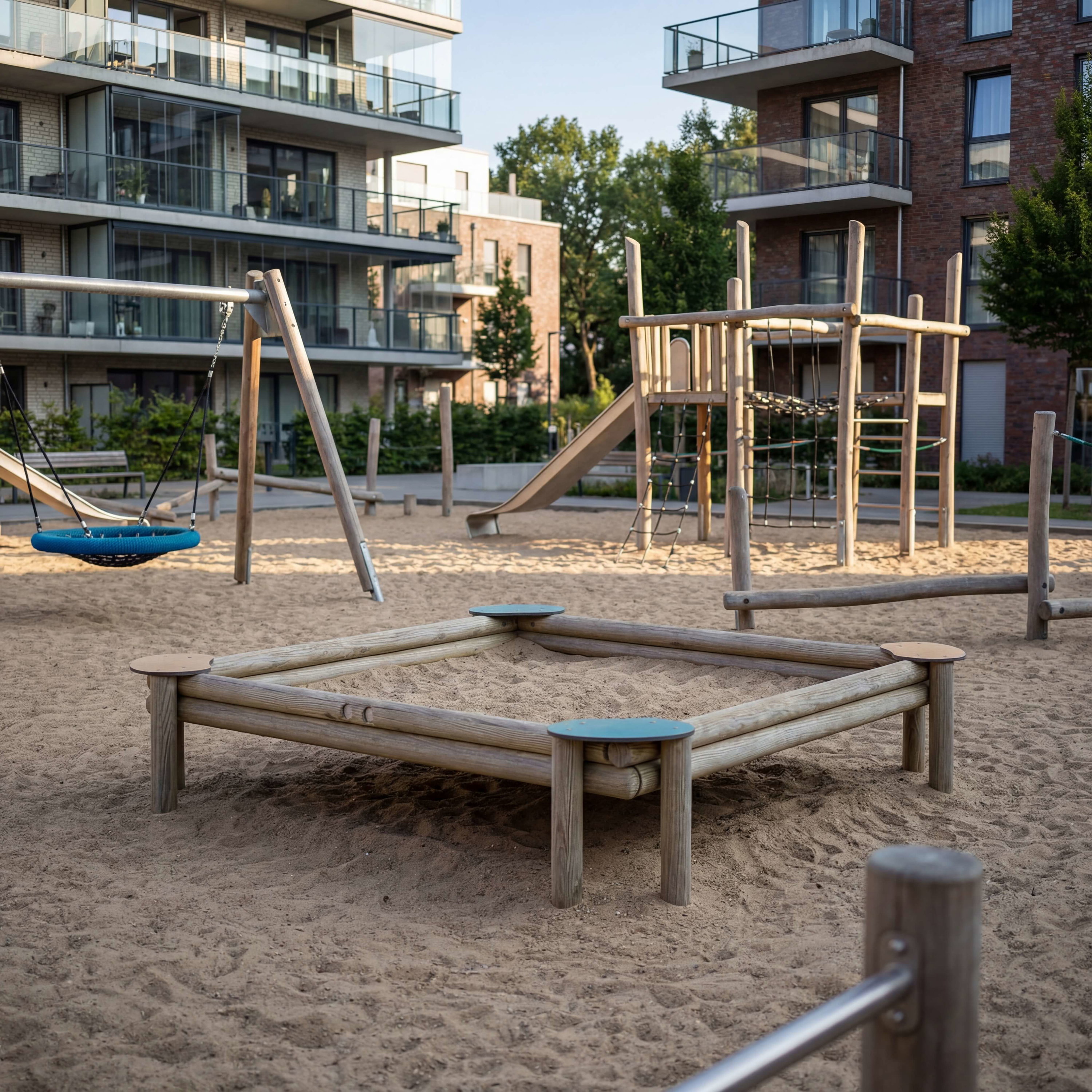 Spielplatz mit Sandkiste und Rutsche vor modernen Wohnhäusern im Sonnenlicht.