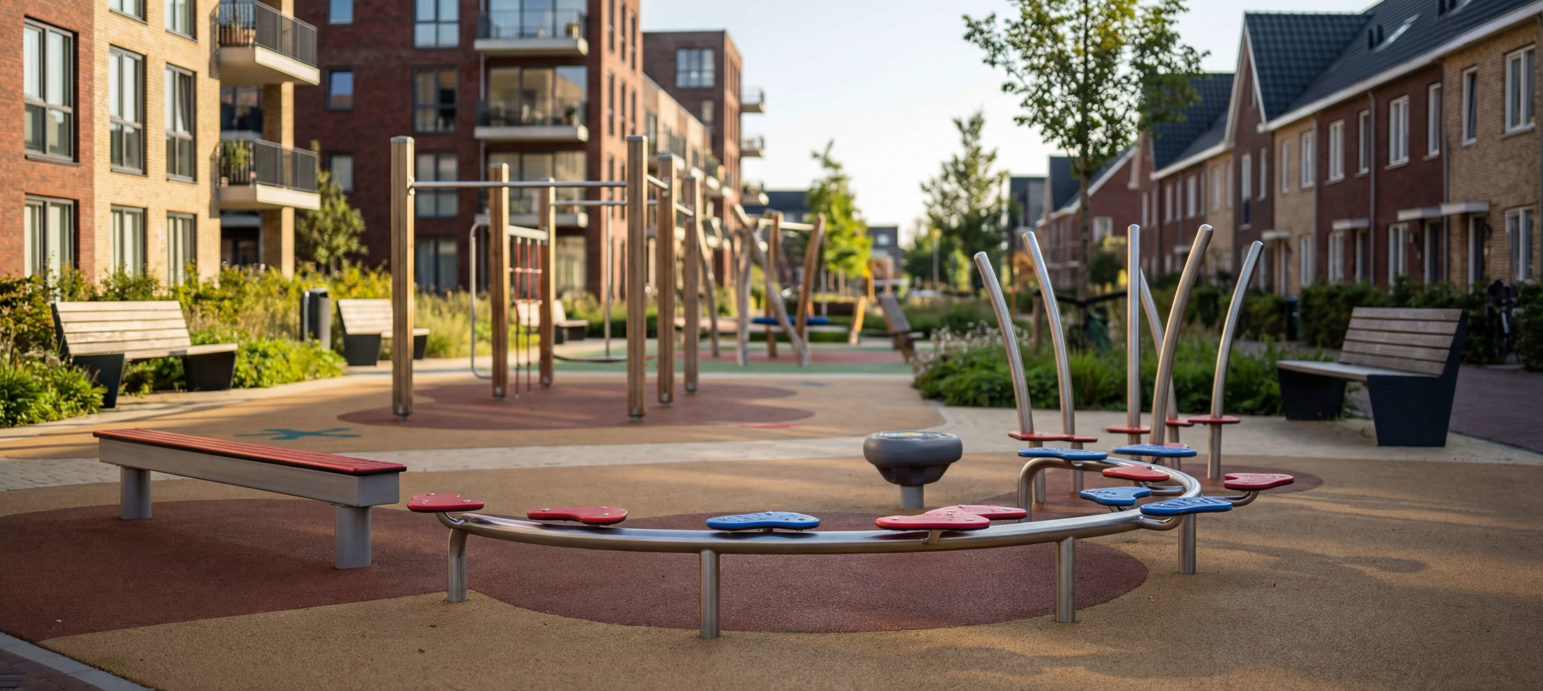 Modern playground with colorful equipment between residential buildings in a sunny urban park.