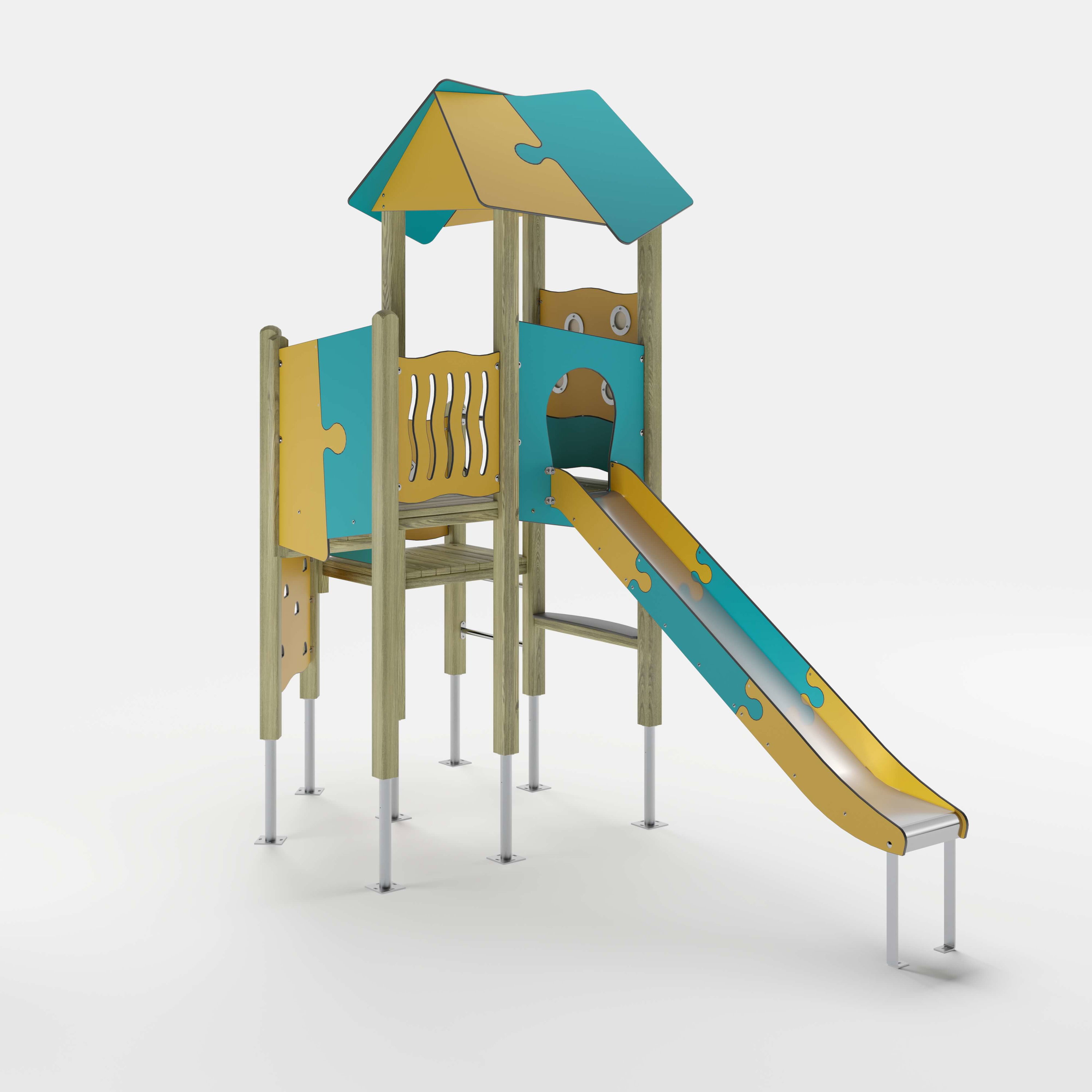 Bunte Kinderspielburg mit Dach und Rutsche auf weißem Hintergrund.