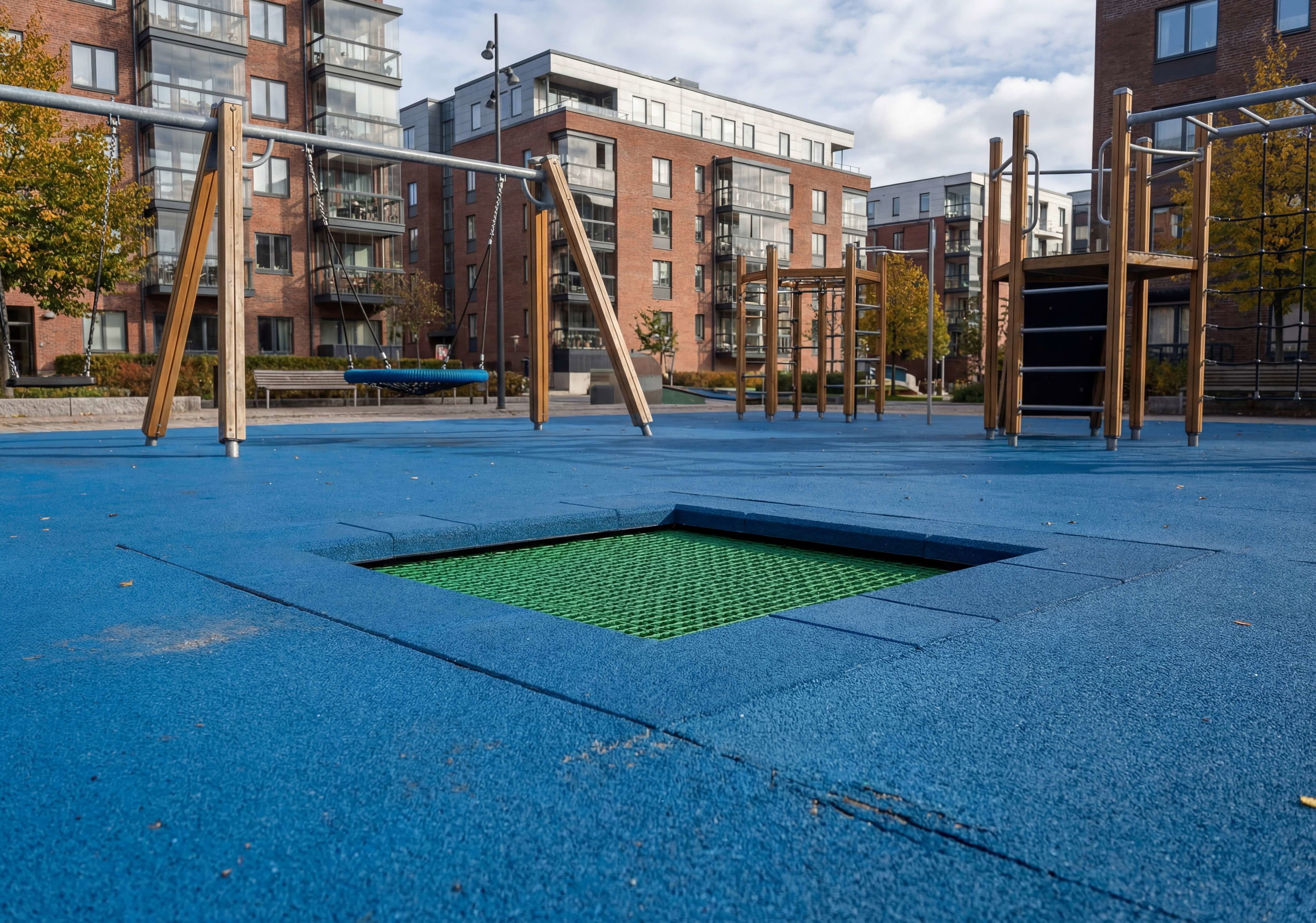 Blauer Spielplatz mit grünem Springbecken vor modernen Wohnhäusern im Herbstlicht.