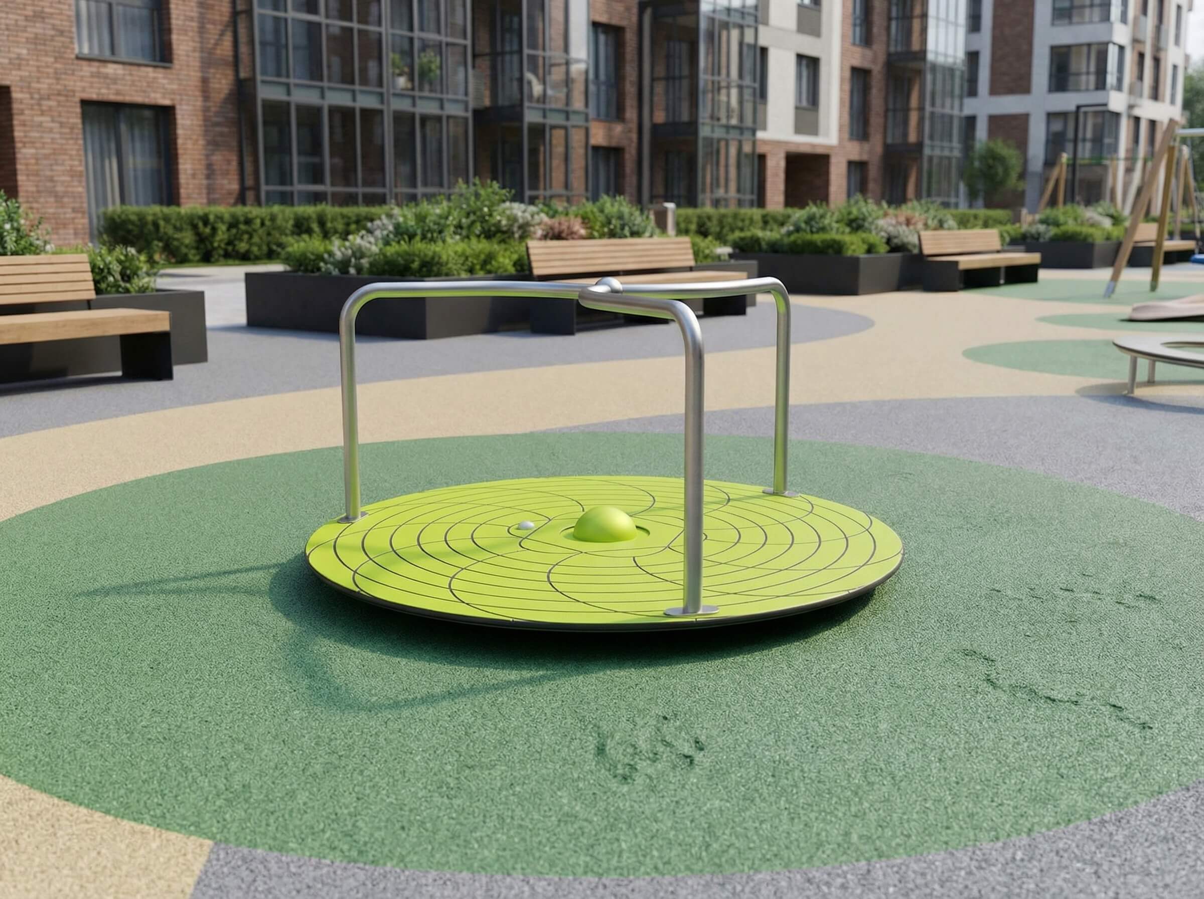 Modern playground spinner with green surface in urban residential courtyard area.