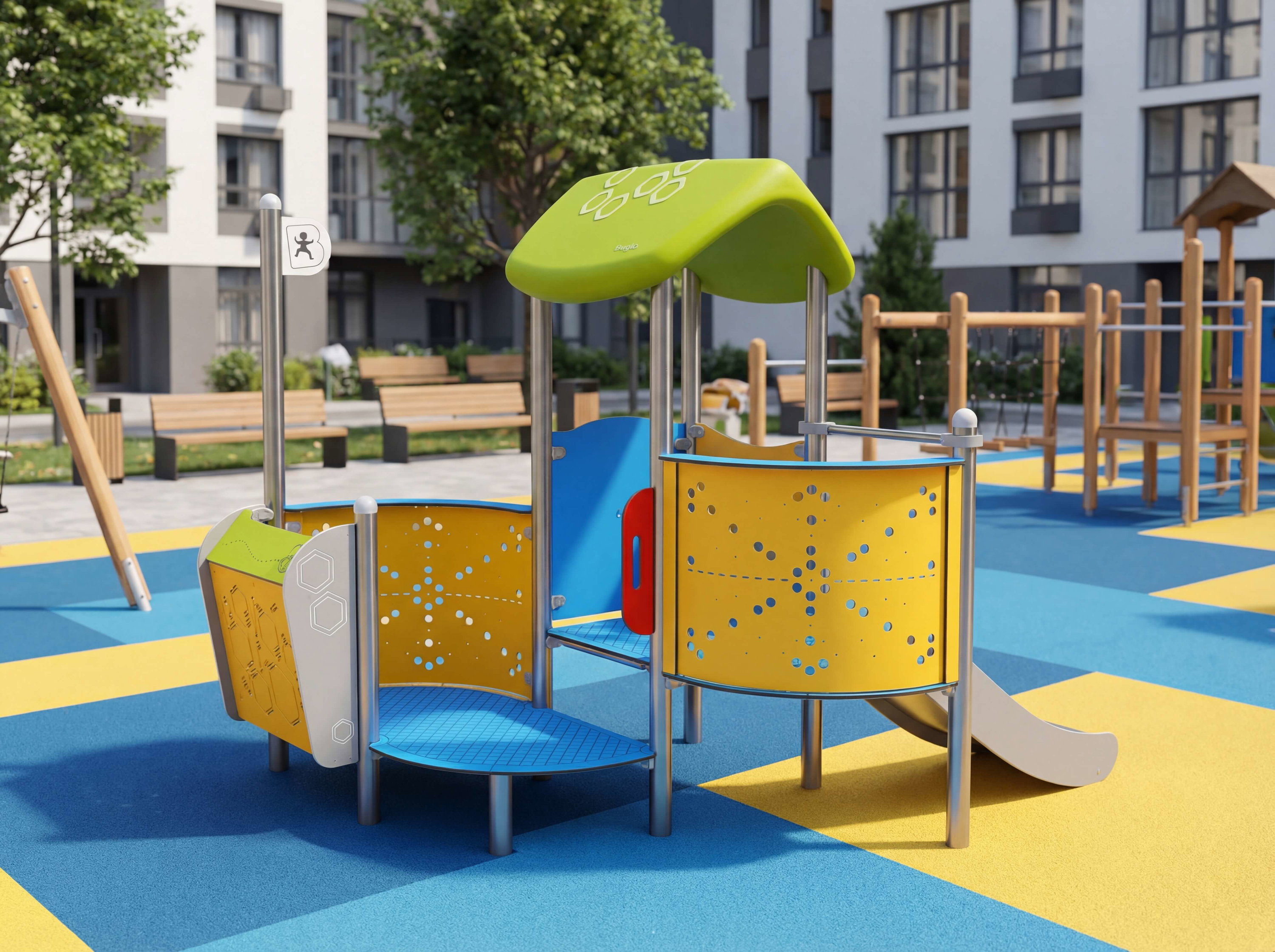 Bunte Spielanlage im modernen Kinderfreizeitpark mit blau-gelbem Bodenbelag und Wohnhäusern im Hintergrund.