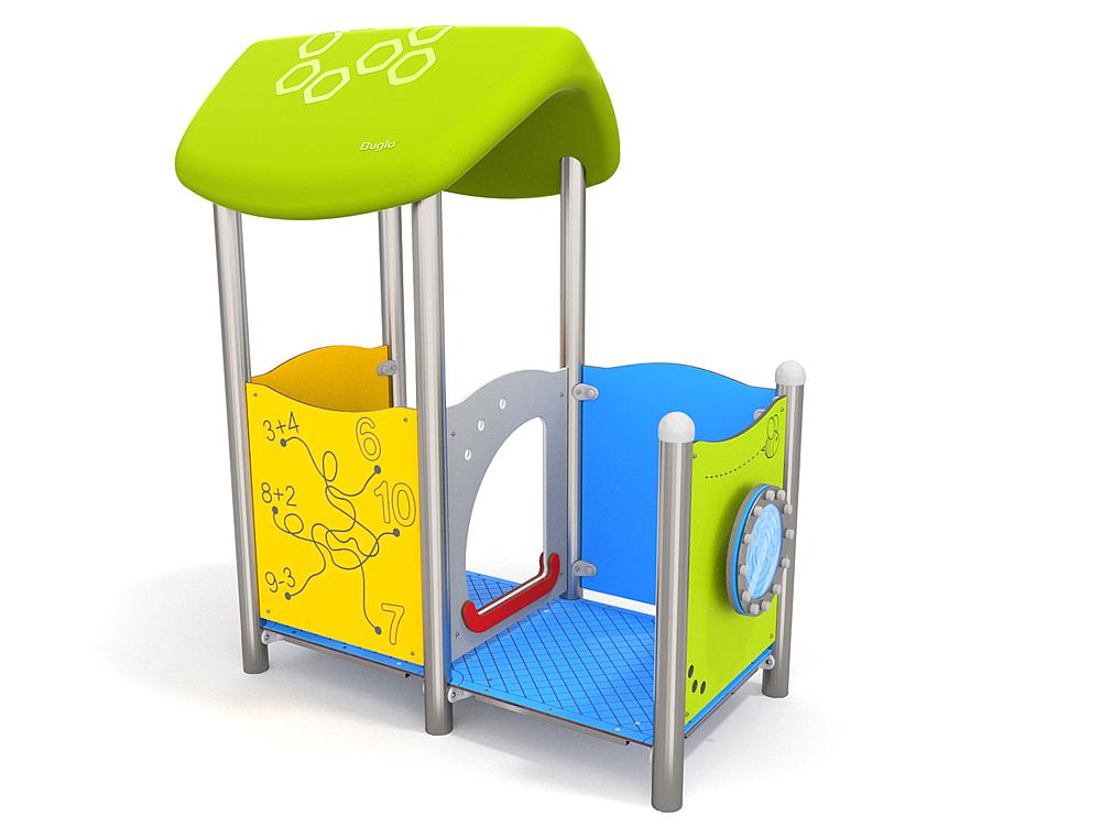 Schwinger für Kleinkinder mit Metallgestell und grünen Verbindungen auf weißem Hintergrund.