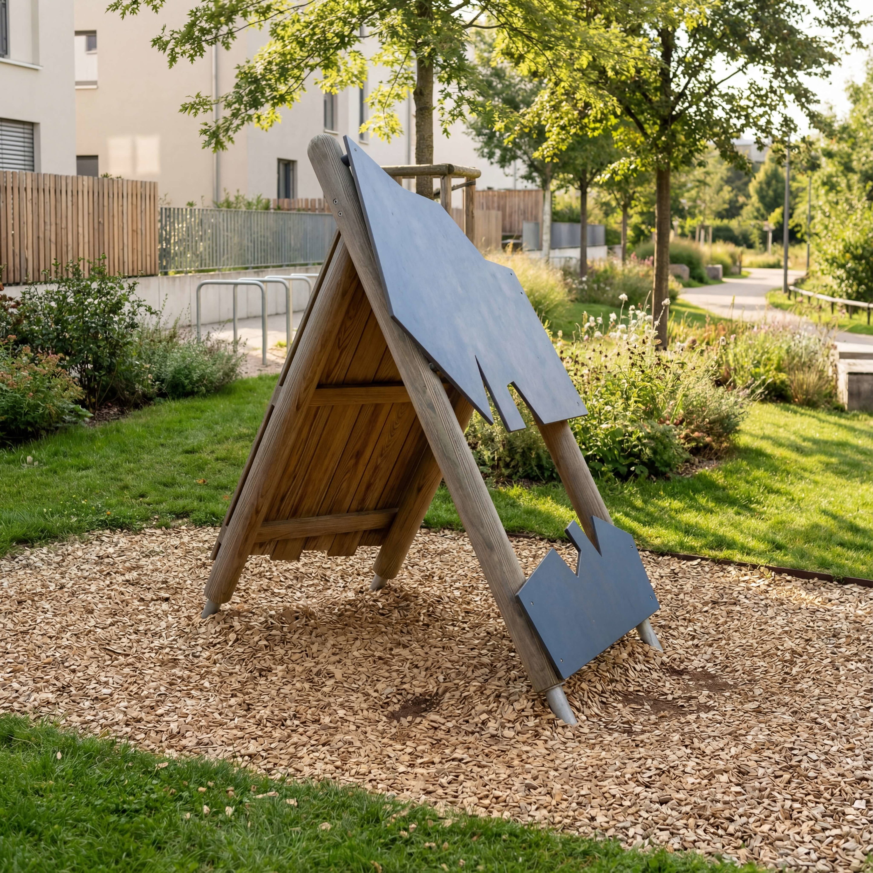 Holz-Außenklettergerüst mit blauen Elementen im grünen Spielplatzbereich eines Wohngebiets.