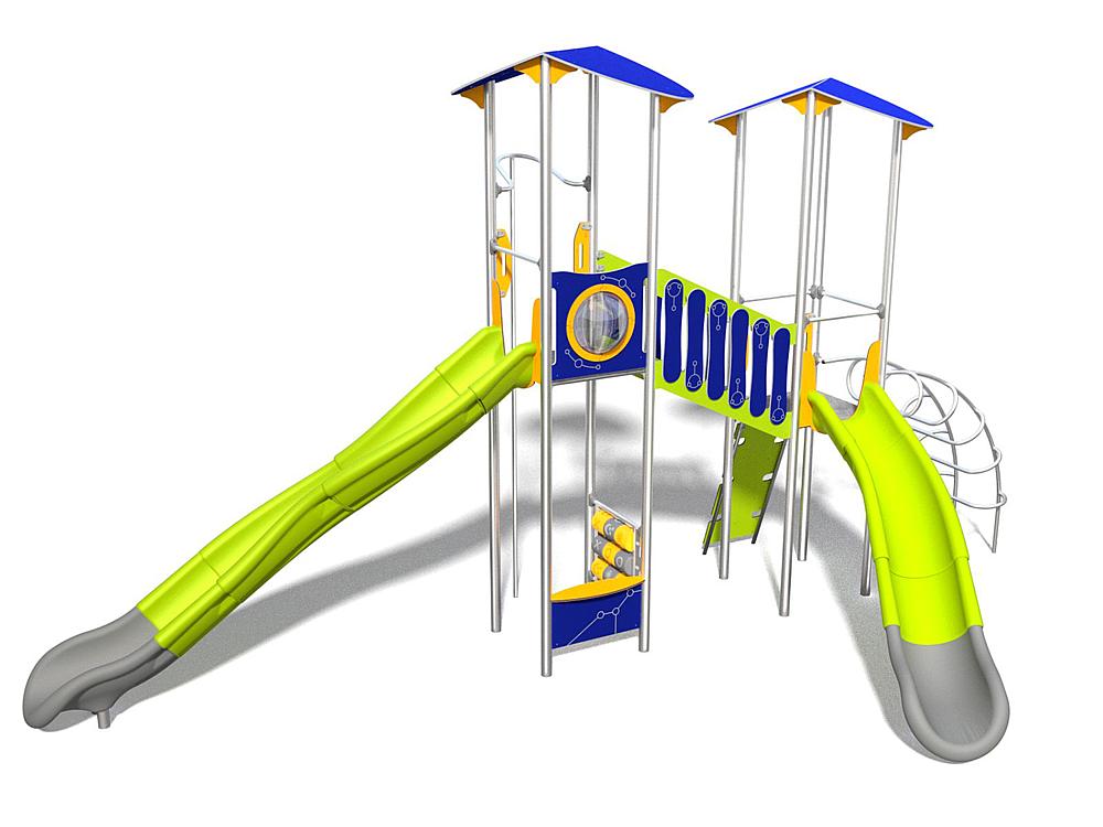Schwinger für Kleinkinder mit Metallgestell und grünen Verbindungen auf weißem Hintergrund.