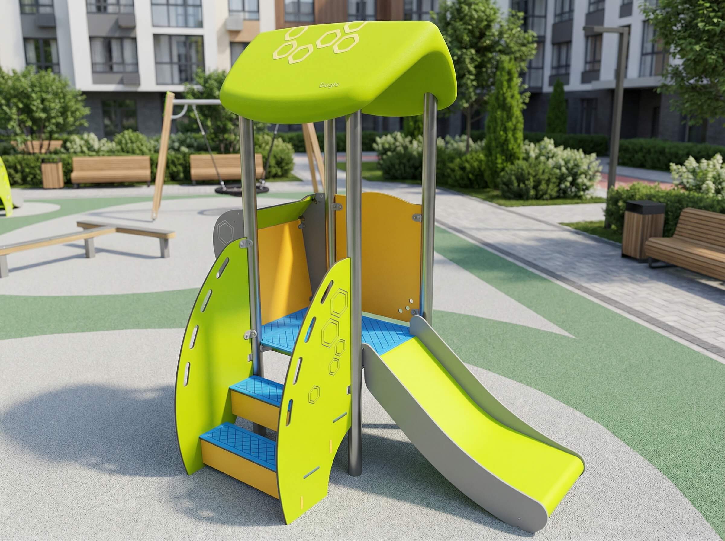 Farbiger Spielplatz mit Rutsche und Kletterwand im modernen Wohnbereich.