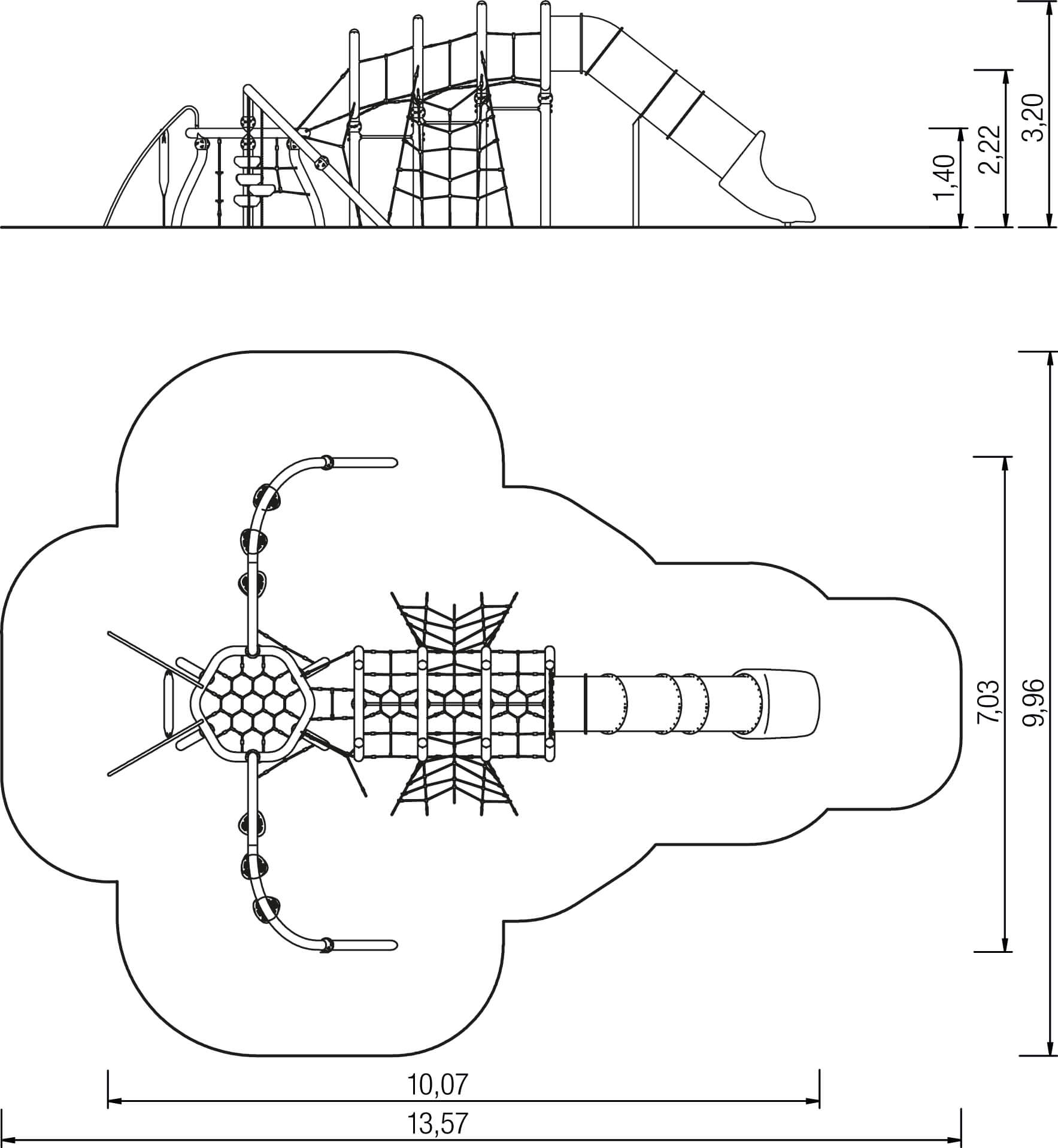 Spielplatz-Plan mit Rutsche und Klettergerüst – technische Zeichnung für Bauanleitung.