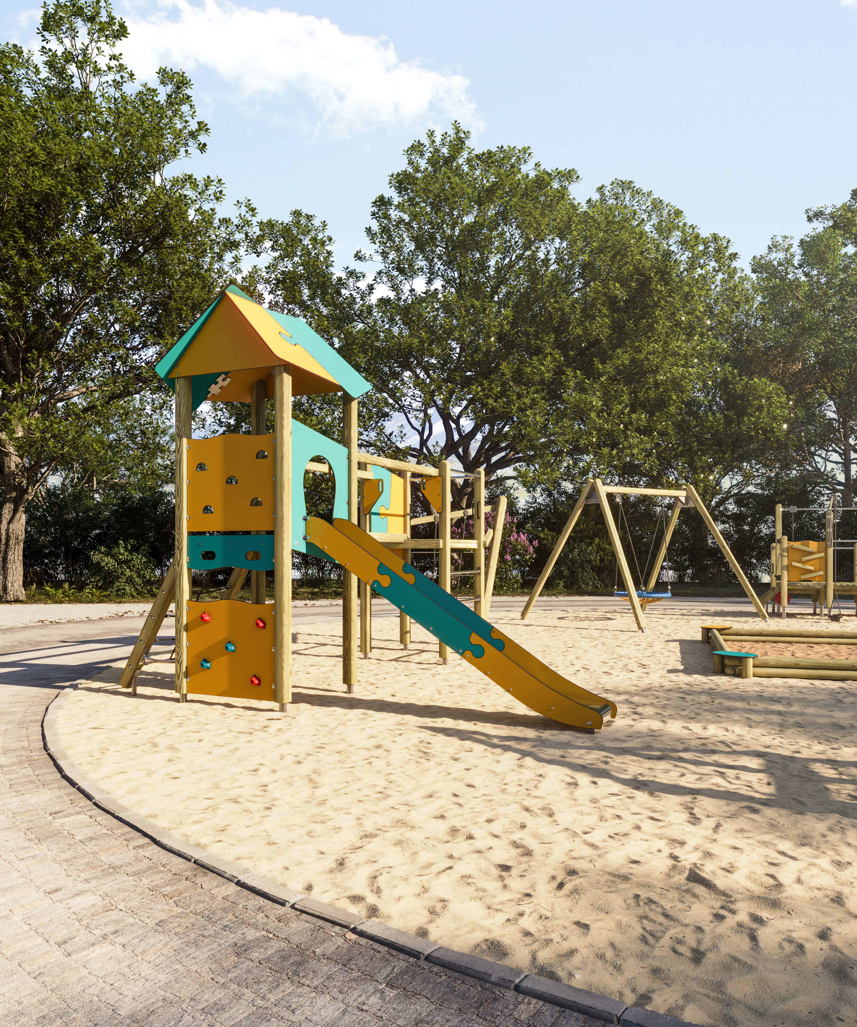 Bunte Spielplatzanlage mit Rutsche und Schaukel im Sand unter Bäumen am sonnigen Tag.

Bunt lackierter Kinder-Spielplatz mit Rutsche, Kletterwand & Schaukeln auf sandigem Platz zwischen grünen Bäumen.