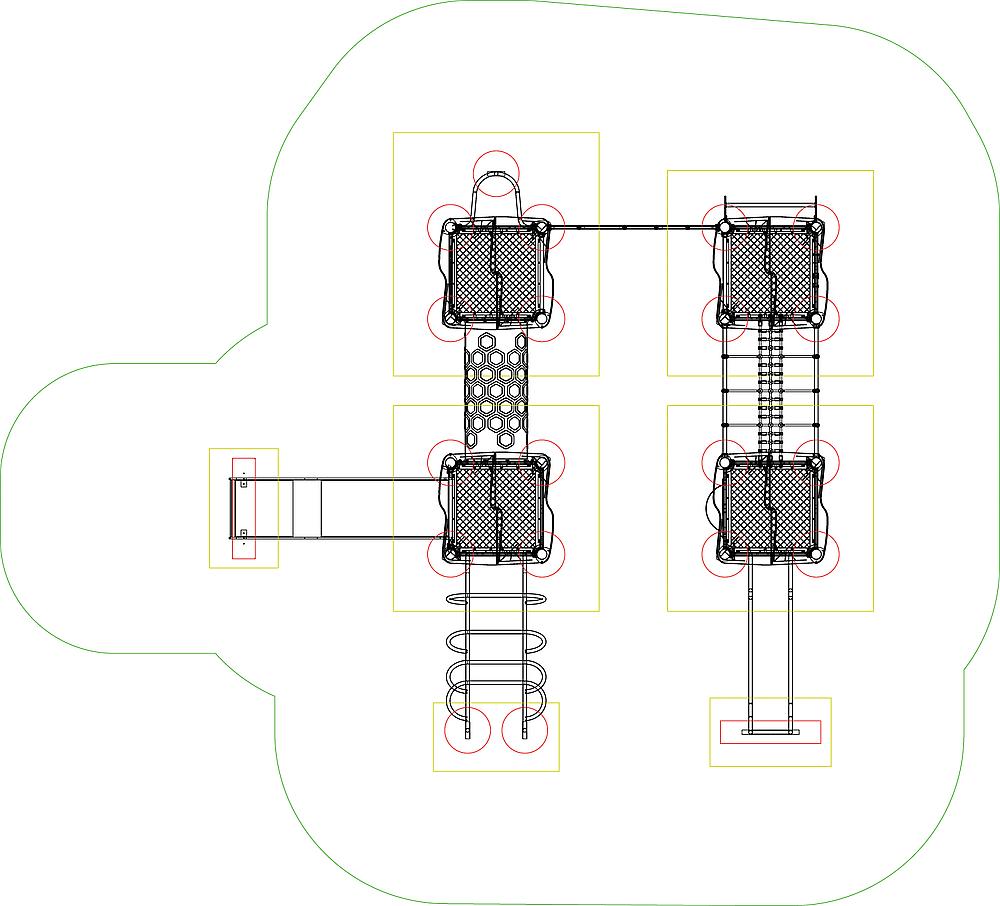 Spielplatz-Plan mit Plattformen, Klettergerüst und Rutsche im Freien.