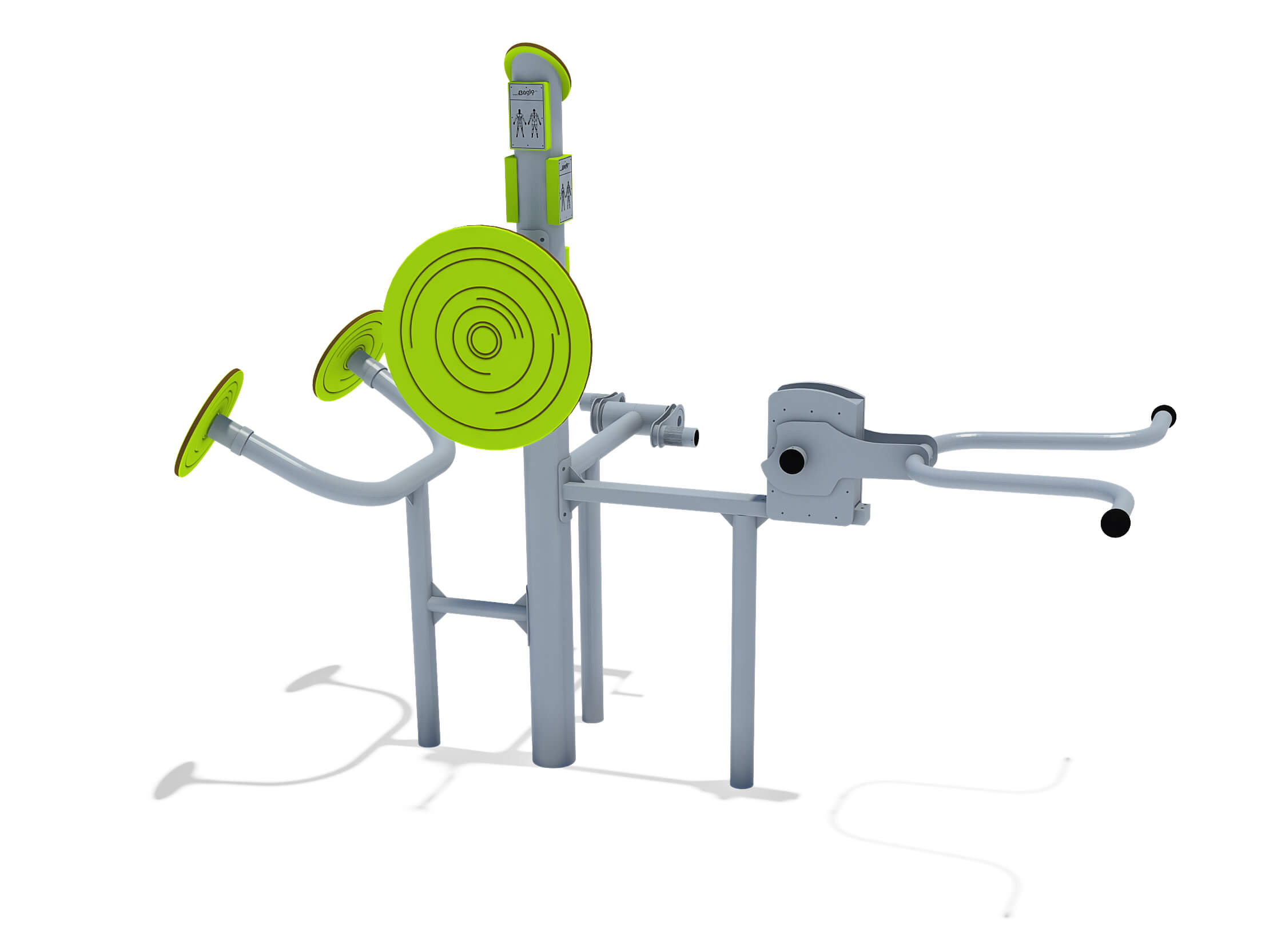 Gymnastikgerät für Outdoor-Training mit grünen Scheiben und grauem Metallrahmen.