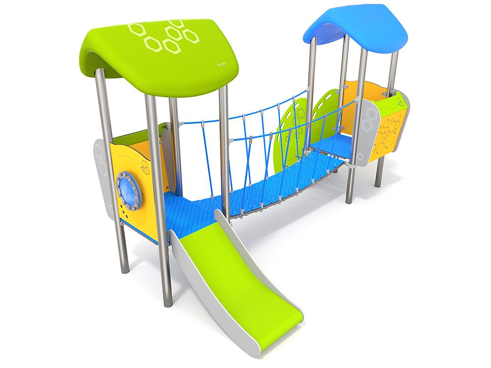 Schwinger für Kleinkinder mit Metallgestell und grünen Verbindungen auf weißem Hintergrund.