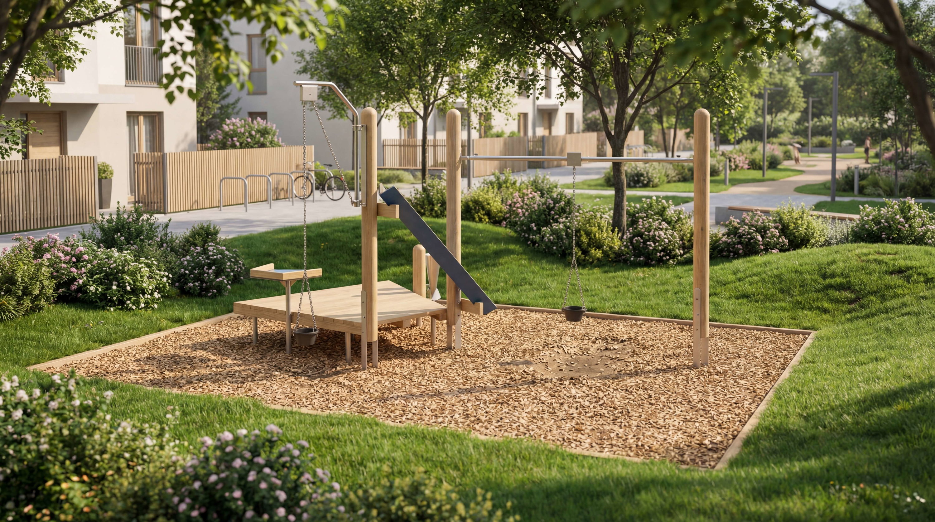 Holzspielplatz mit Rutsche und Schaukel im grünen Wohnparkgelände.