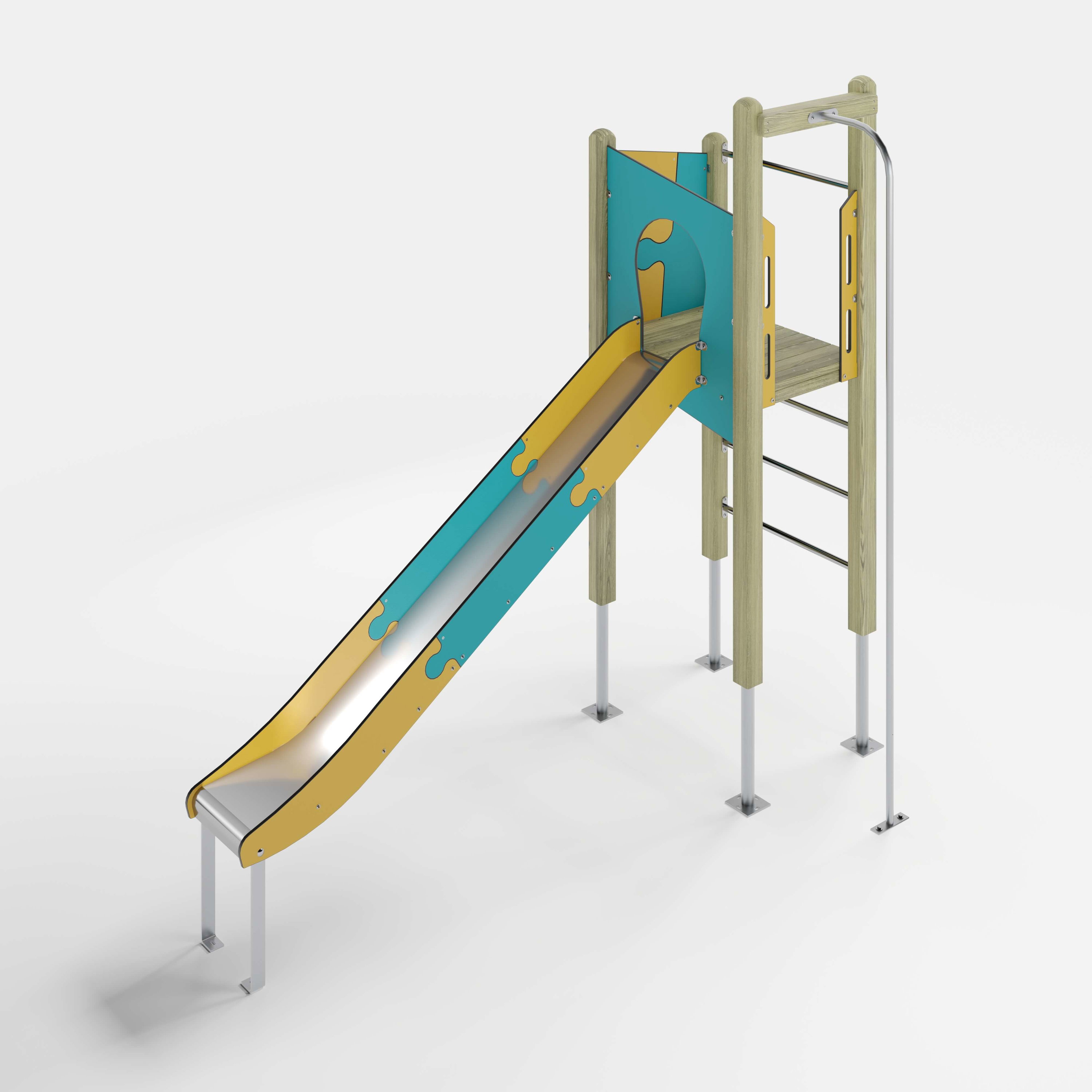 Bunte Kinderspielburg mit Dach und Rutsche auf weißem Hintergrund.